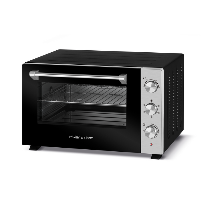Le riviera&bar Four posable à parois tempérées 46 L est un four grille-pain noir et argenté avec quatre parois tempérées, une porte en verre, trois boutons de commande à droite, et une grille intérieure - parfait pour différents modes de cuisson dans n'importe quelle cuisine.