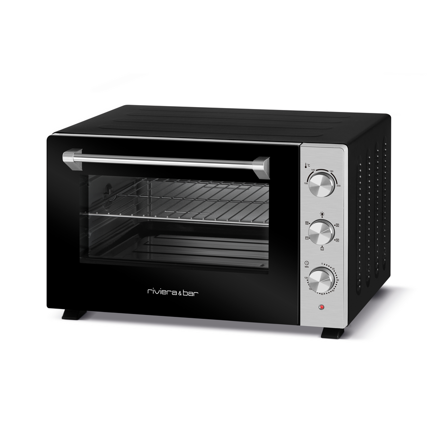 Le riviera&bar Four posable à parois tempérées 46 L est un four grille-pain noir et argenté avec quatre parois tempérées, une porte en verre, trois boutons de commande à droite, et une grille intérieure - parfait pour différents modes de cuisson dans n'importe quelle cuisine.