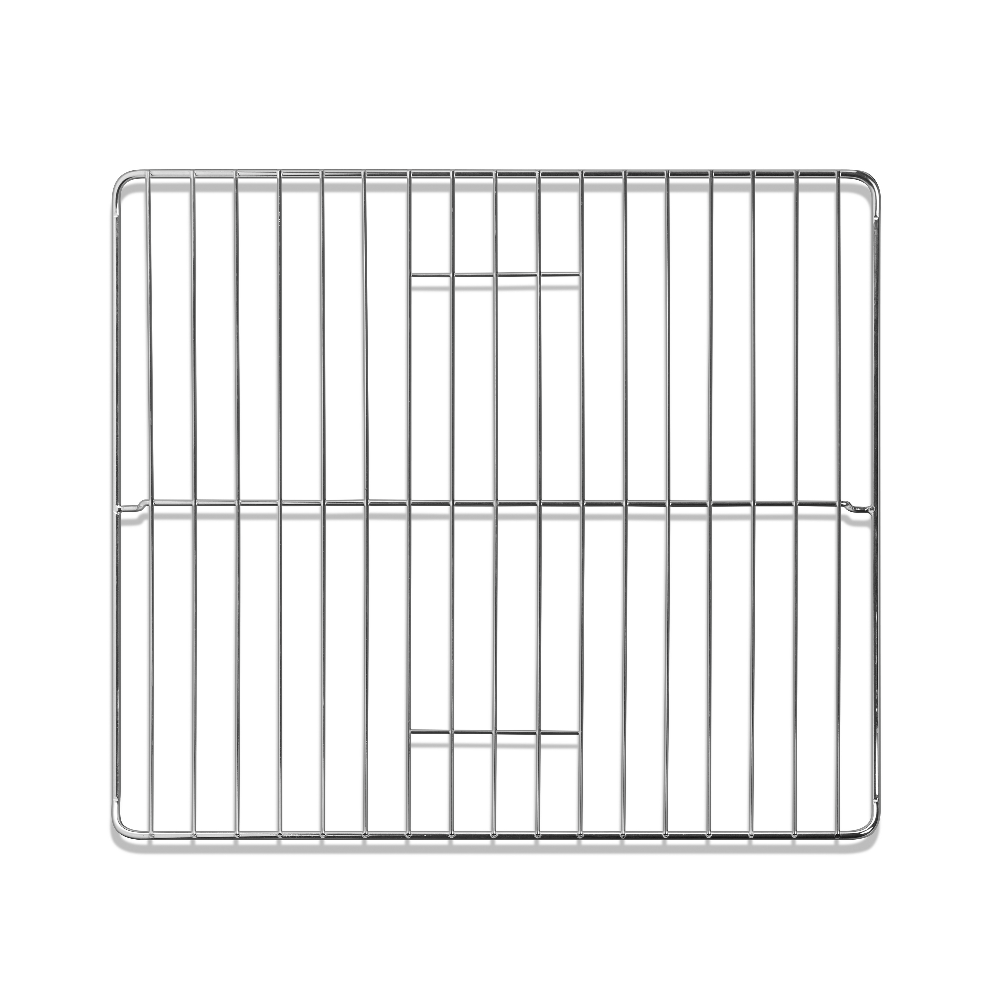 La grille de four riviera&bar Four posable à parois tempérées 46 L présente des barres horizontales et verticales régulièrement espacées, parfaites pour expérimenter différents modes de cuisson, montrées du dessus sur un fond blanc.