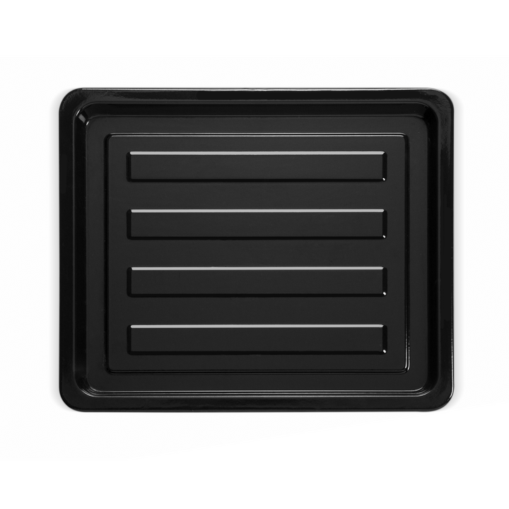 Le riviera&bar Four posable à parois tempérées 46 L est une plaque à pâtisserie rectangulaire noire avec quatre stries surélevées et des parois tempérées, parfaite pour différents modes de cuisson, présentée sur un fond blanc.