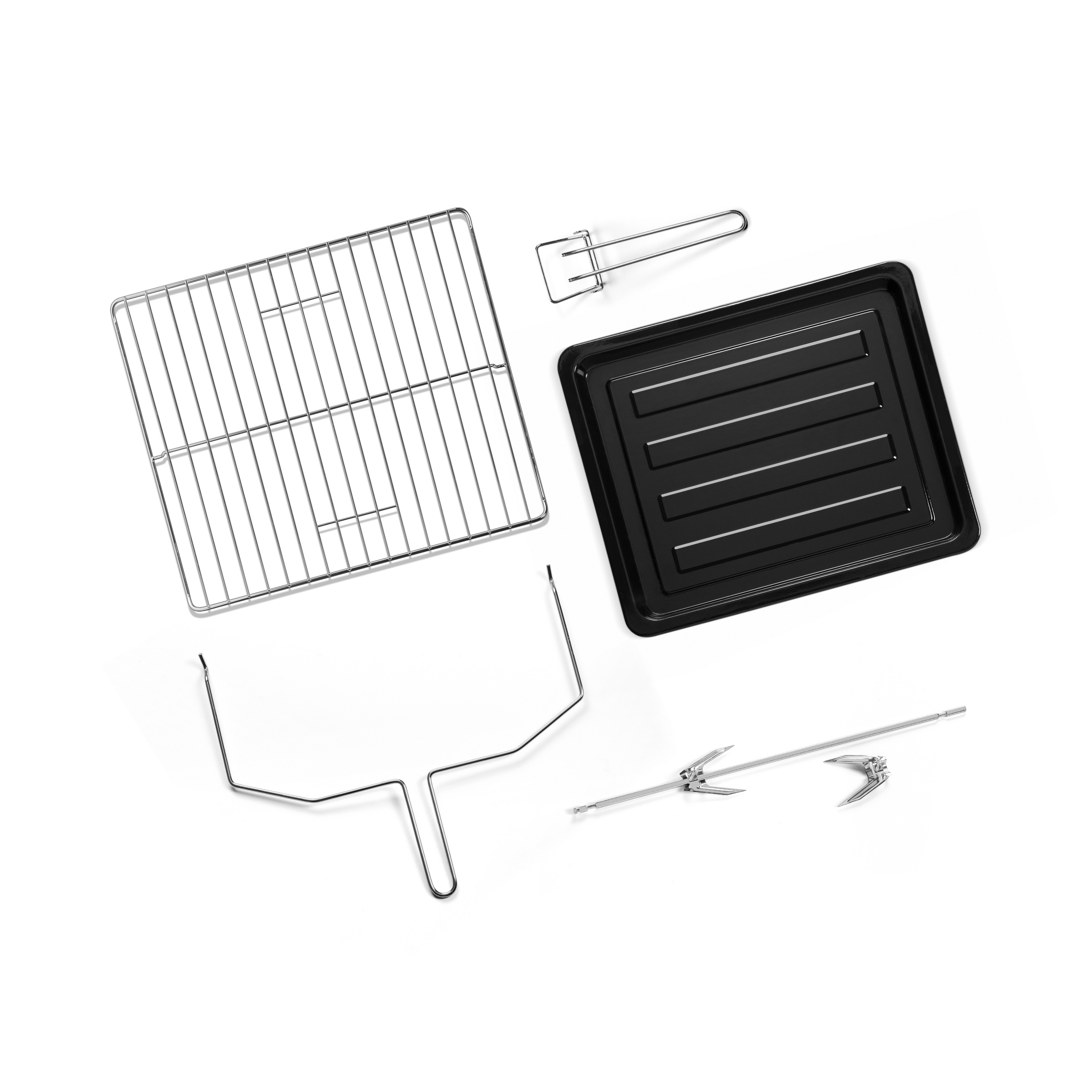 Accessoires pour le four riviera&bar Four posable à parois tempérées 60 L : grille, plaque de cuisson noire, poignée amovible, fourchette à rôtir et deux brochettes à dents réglables - parfait pour la cuisine variée et les grands rassemblements.