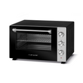 Le four riviera&bar Four posable à parois tempérées | 60 L est un four de comptoir noir et argenté avec une porte transparente, trois boutons de commande à droite, une poignée en métal, une grille interne et plusieurs modes de cuisson - parfait pour les grands rassemblements.