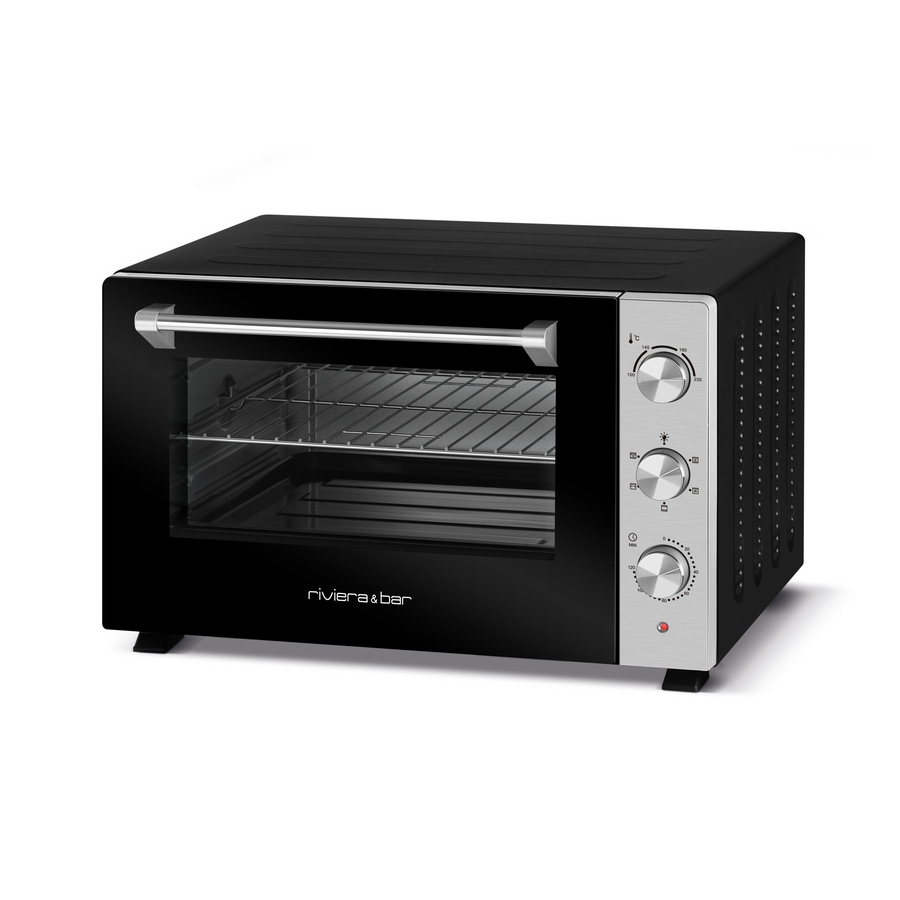 Le four de comptoir riviera&bar Four posable à parois tempérées 60 L noir et argent est doté d'une porte en verre, d'une poignée en métal, de trois boutons sur le côté droit, d'une grille intérieure et est parfait pour les grandes tablées. Le logo de la marque apparaît sur la face avant.