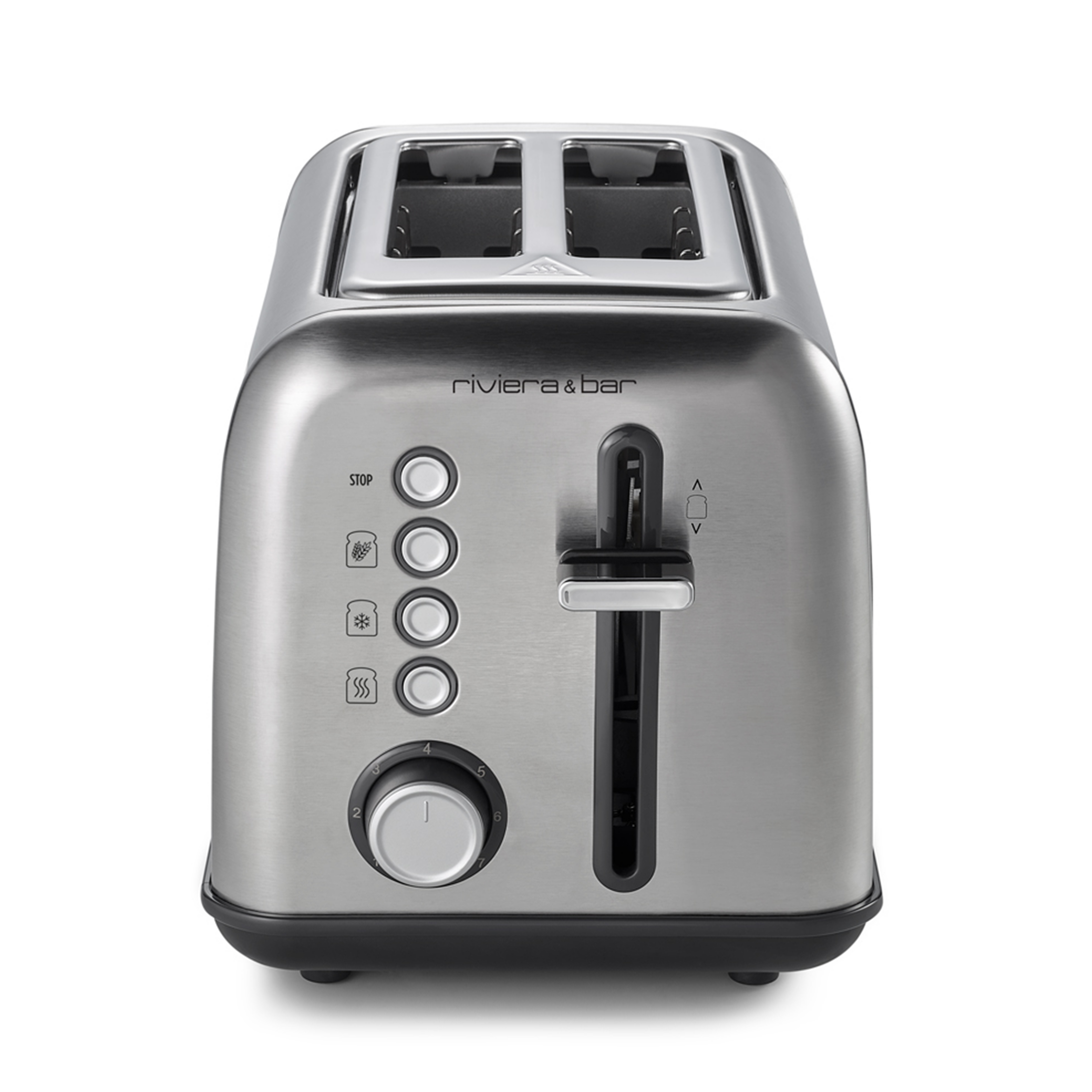 Le riviera&bar Grille-pain inox QGP220 est un grille-pain en acier inoxydable avec 2 fentes courtes, des boutons d'arrêt/réchauffage/décongélation, un bouton de niveau de brunissement, et un levier d'abaissement du pain, montré de l'avant.