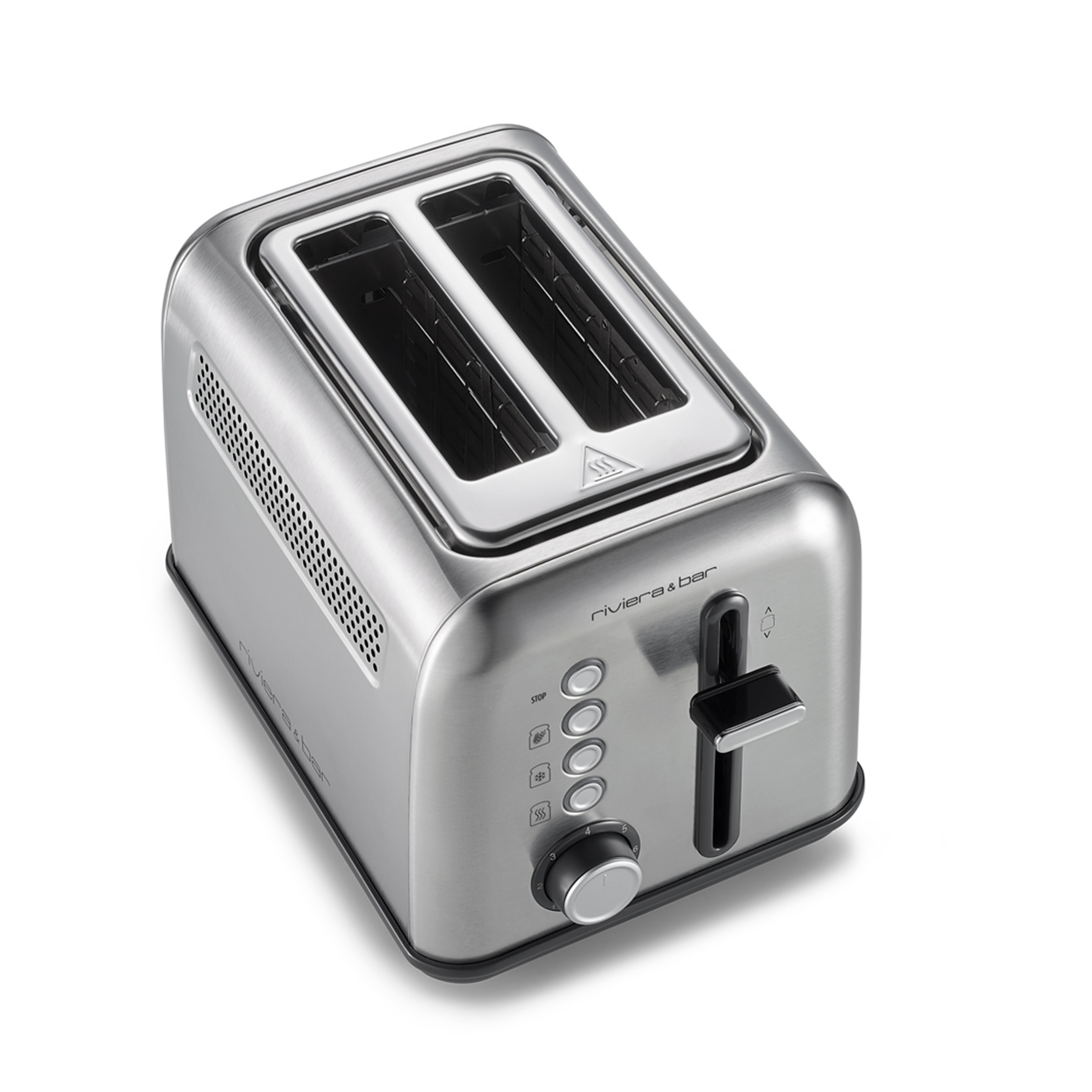 La Grille-pain inox QGP220 de riviera&bar comprend 2 fentes courtes, des boutons de contrôle, un cadran de niveaux de brunissage, et un levier frontal, tous en acier inoxydable, présentés sur un fond blanc.