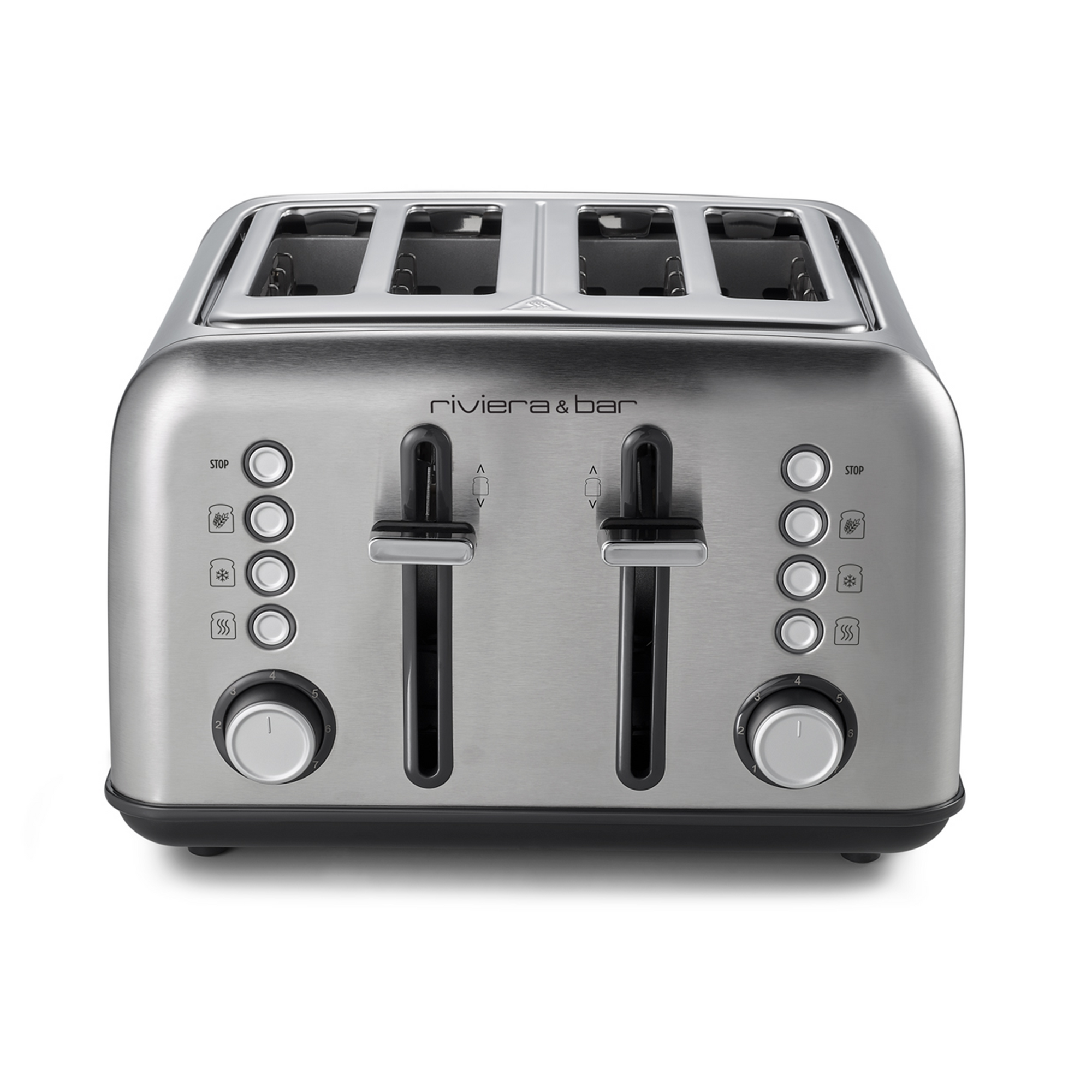 Le grille-pain 4 fentes courtes riviera&bar en inox possède deux leviers, des boutons et deux cadrans à l'avant pour des réglages indépendants, idéal pour un petit-déjeuner familial parfait.