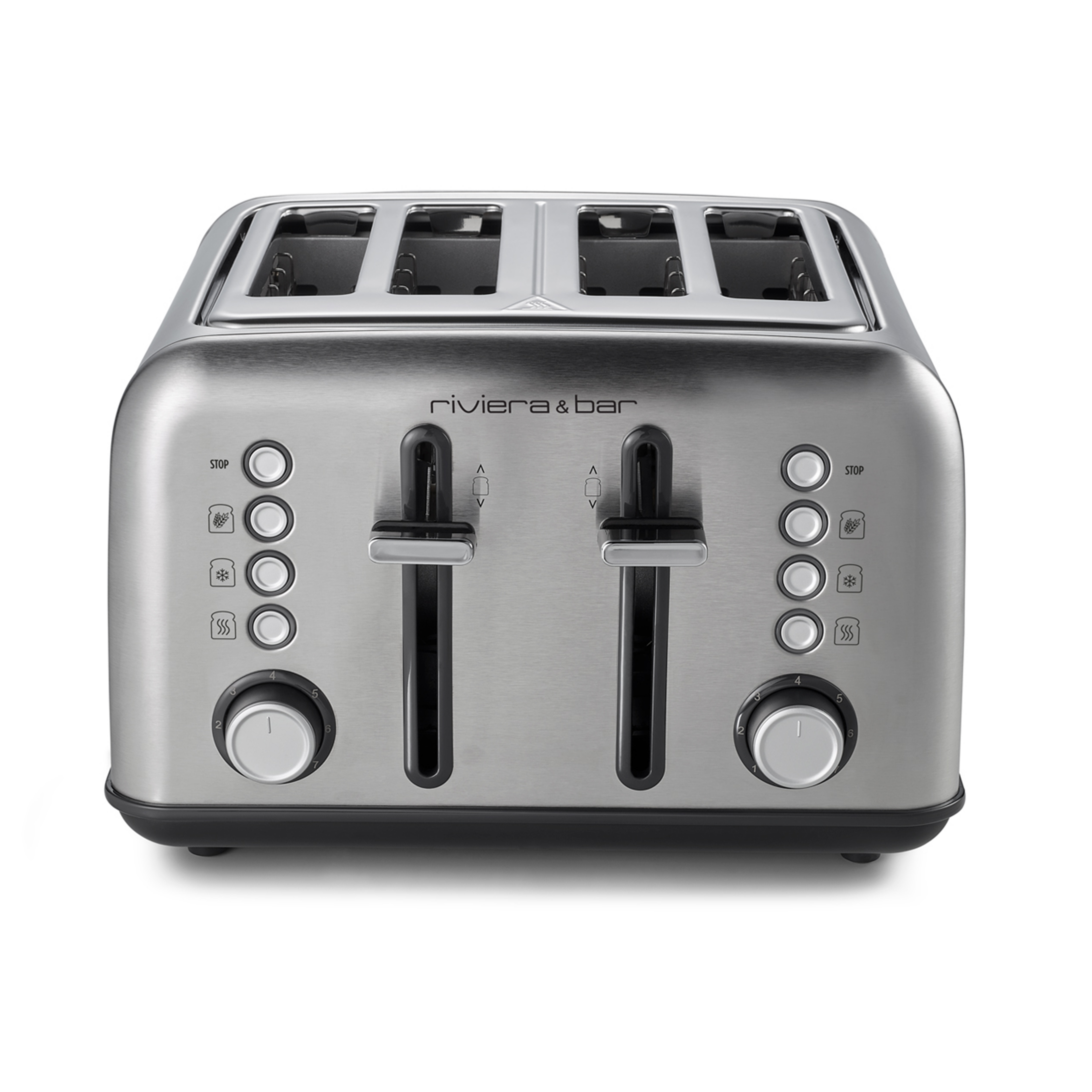 Le grille-pain 4 fentes courtes riviera&bar en inox possède deux leviers, des boutons et deux cadrans à l'avant pour des réglages indépendants, idéal pour un petit-déjeuner familial parfait.