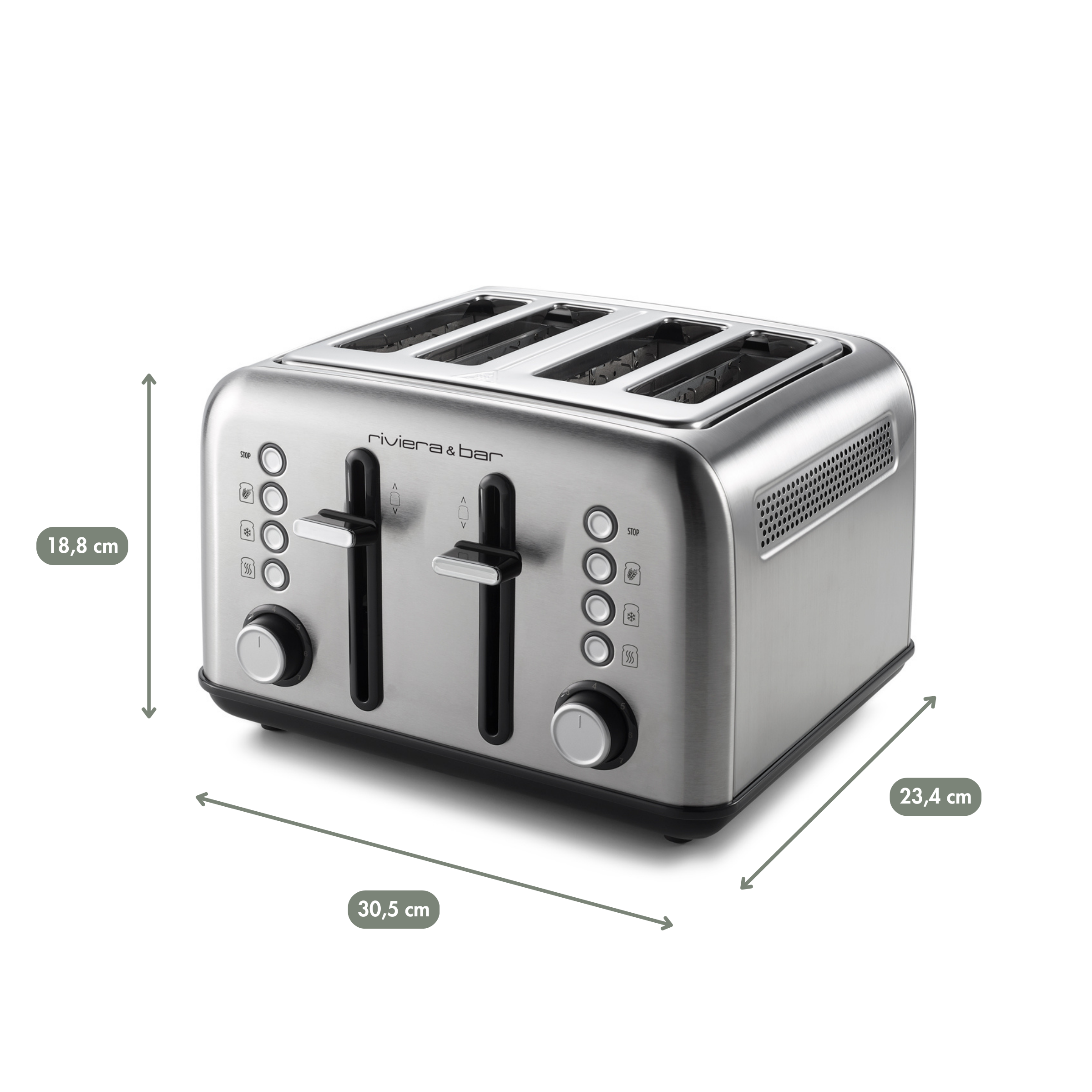 Le grille-pain 4 fentes courtes riviera&bar en inox dispose de deux panneaux de commande indépendants, boutons et réglages précis, avec dimensions affichées : 30,5 cm (largeur), 23,4 cm (profondeur), 18,8 cm (hauteur).