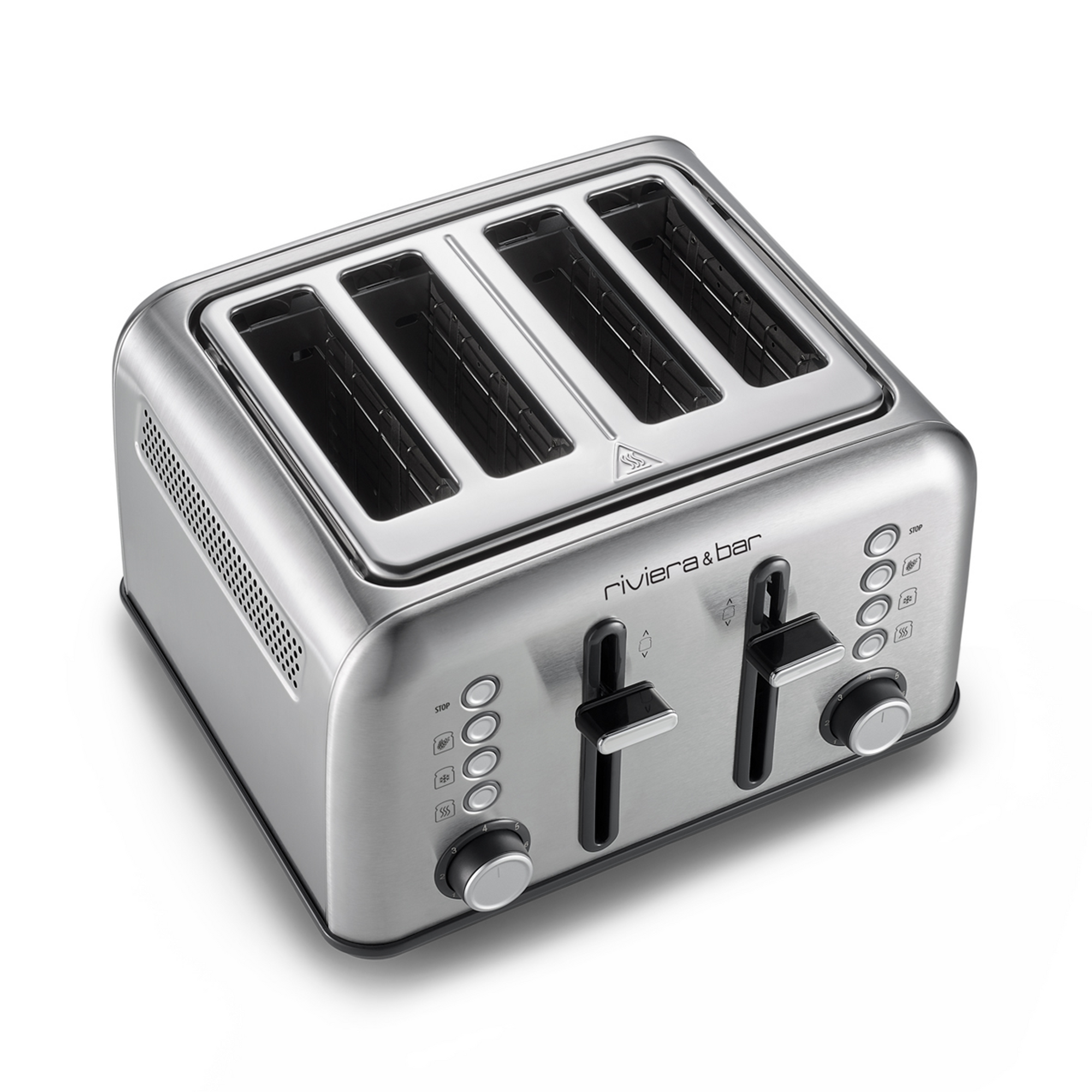 Le Grille-pain 4 fentes courtes riviera&bar, en inox, offre deux réglages indépendants avec molettes de brunissage et boutons en façade. La marque est imprimée au-dessus des commandes. Idéal pour les petits-déjeuners en famille.