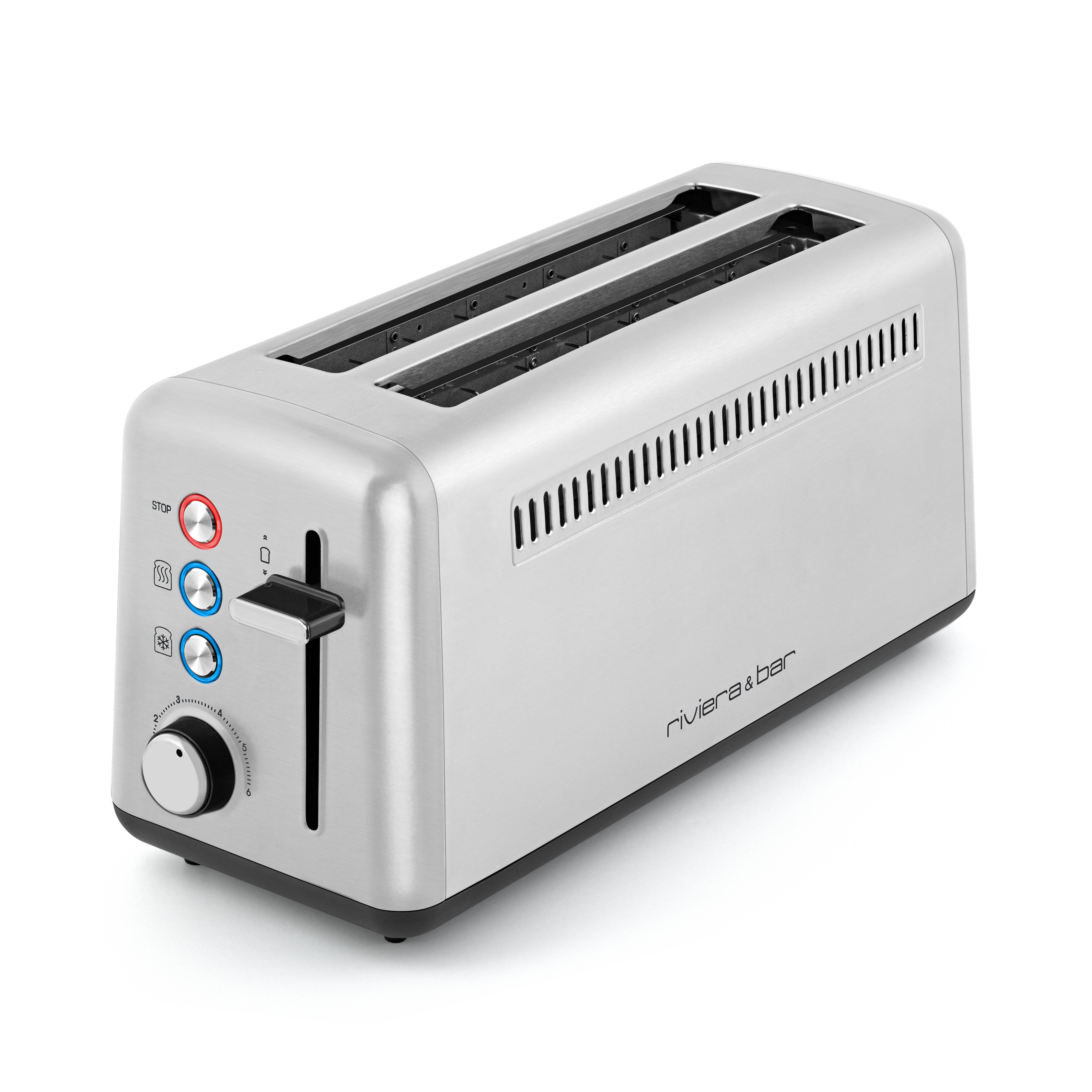 La grille-pain inox 2 fentes extralongues de riviera&bar dispose de plusieurs boutons de contrôle, d'un cadran de brunissement et d'un levier latéral - idéal pour faire des toasts dorés et croustillants tous les matins.