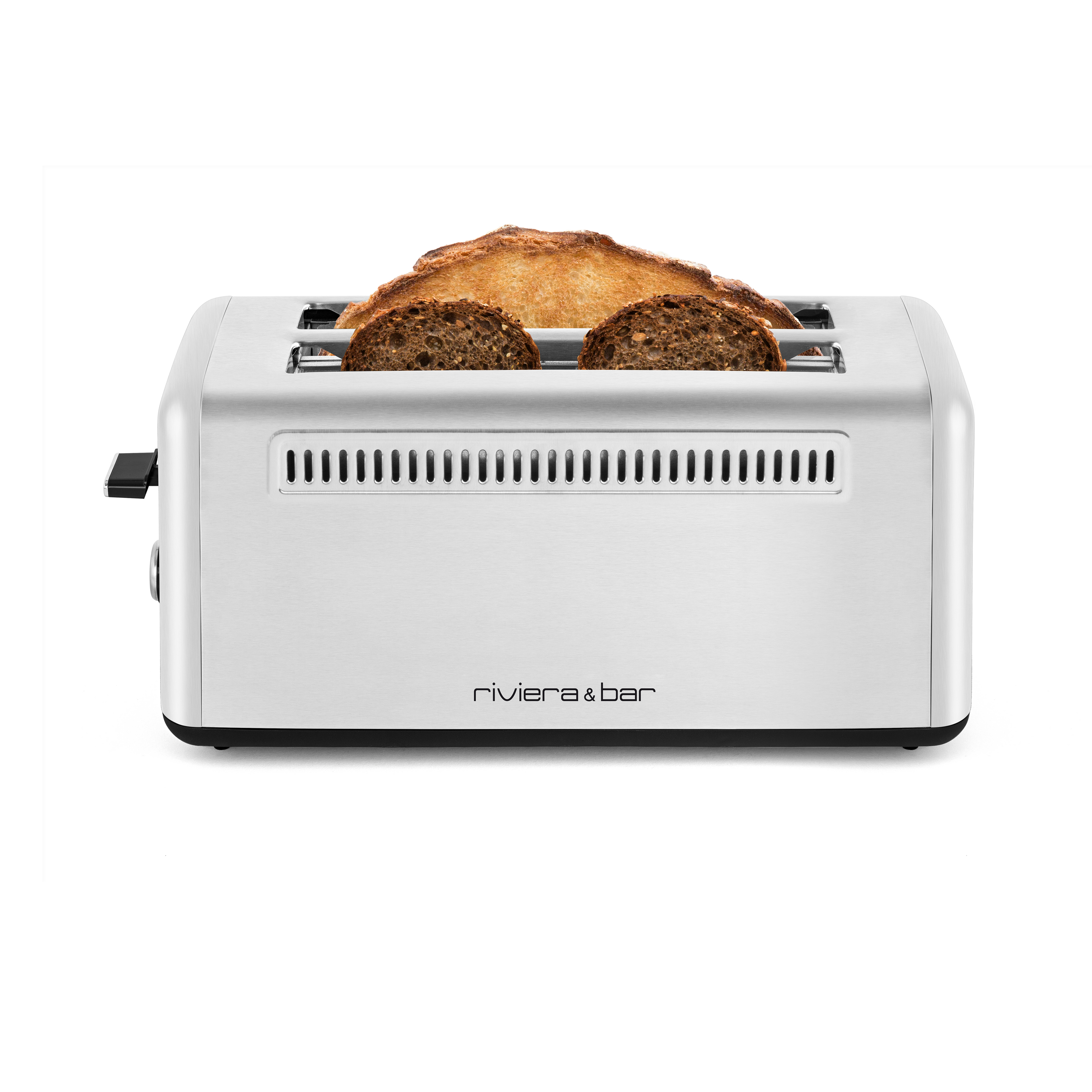 Une riviera&bar Grille-pain inox 2 fentes extralongues en argent avec deux tranches de pain partiellement grillées, vues de face sur un fond blanc uni - idéal pour faire des toasts croustillants.