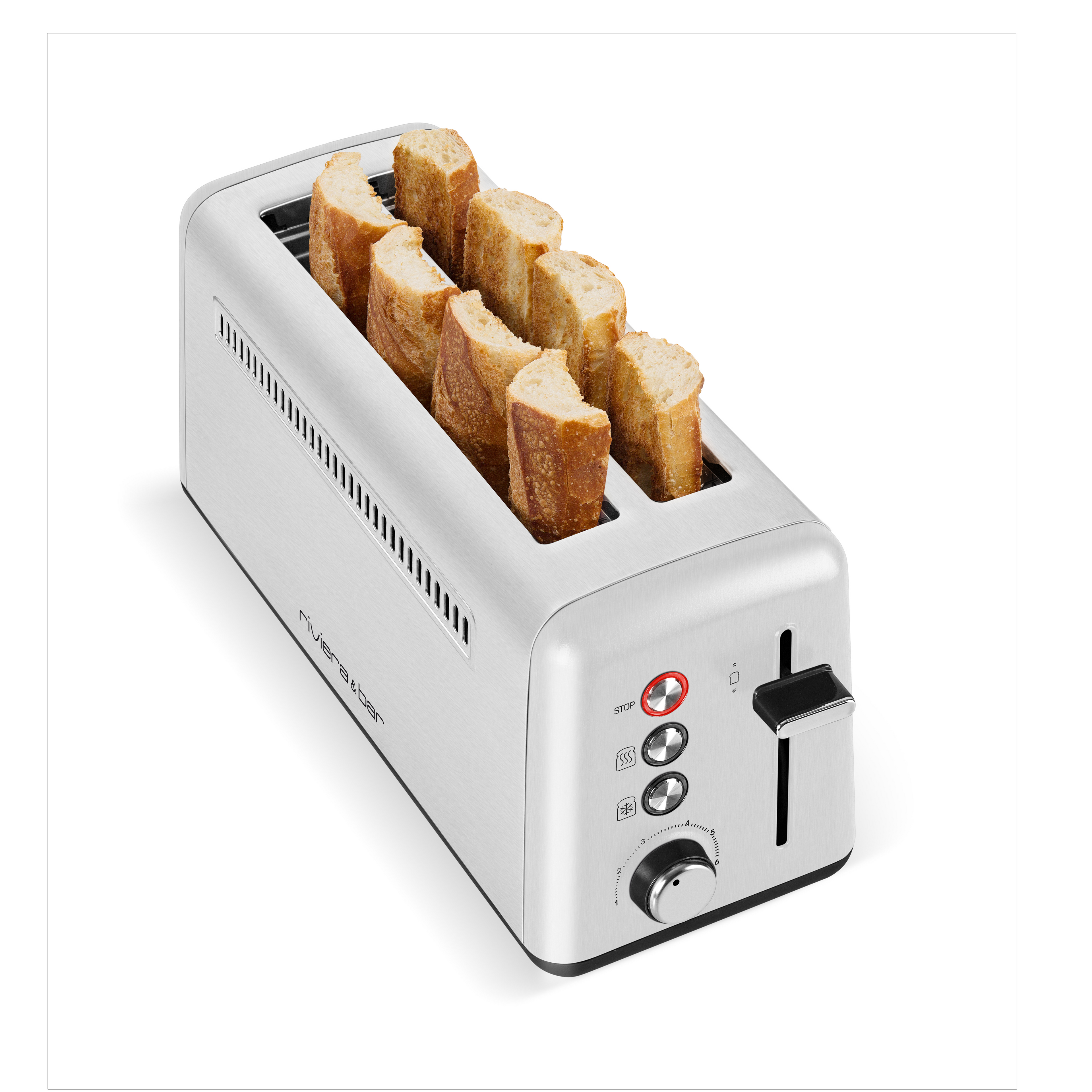 Une Grille-pain inox 2 fentes extralongues, argent, peut contenir quatre tranches de baguette. Il est doté de boutons noirs, d'un bouton, d'un levier latéral et d'un tiroir pratique ramasse-miettes pour faciliter le nettoyage des miettes.