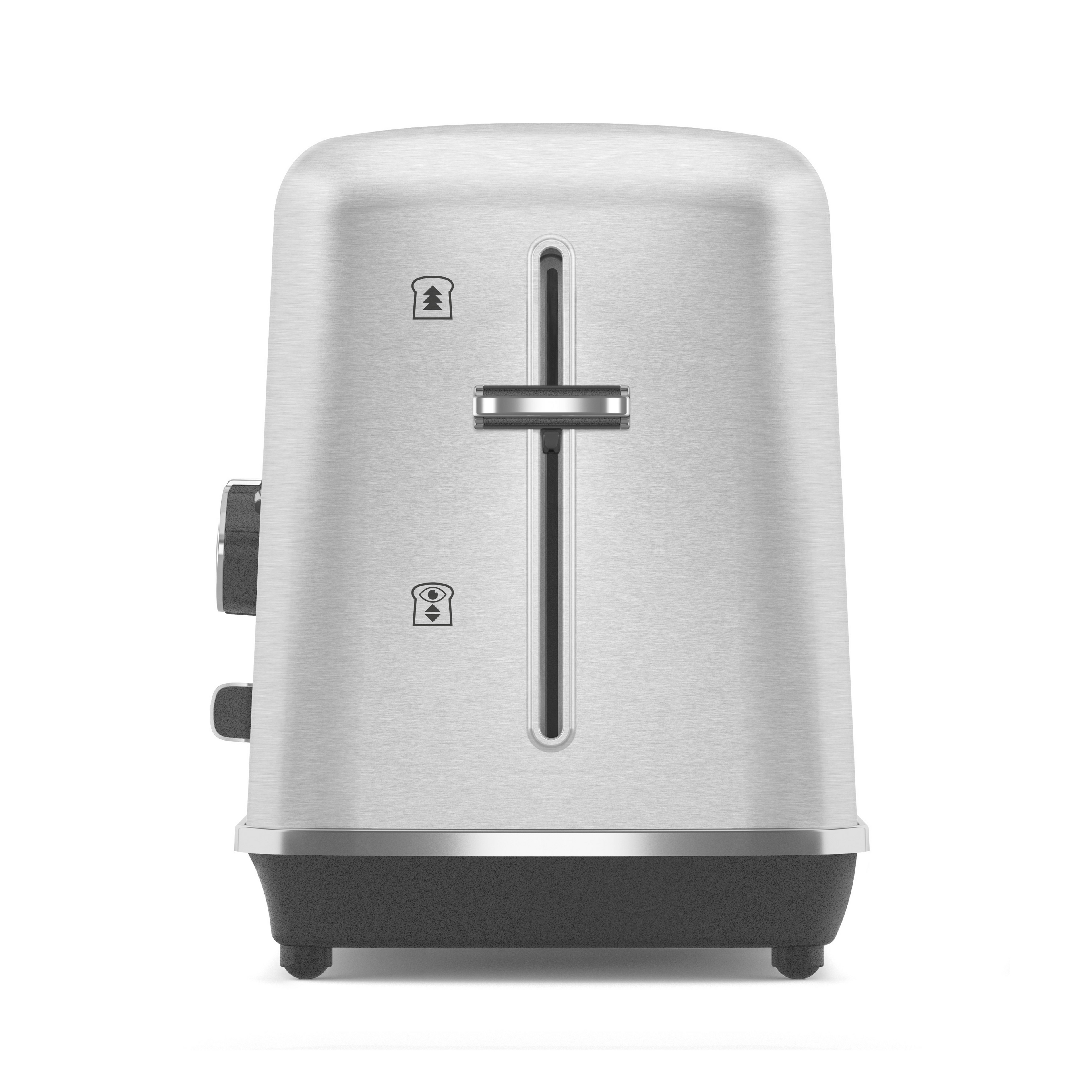 Le Grille-pain 1 fente en inox riviera&bar, avec levier central et deux boutons latéraux, possède une fenêtre Vision pour surveiller la cuisson du pain de campagne. Présenté sur fond blanc.