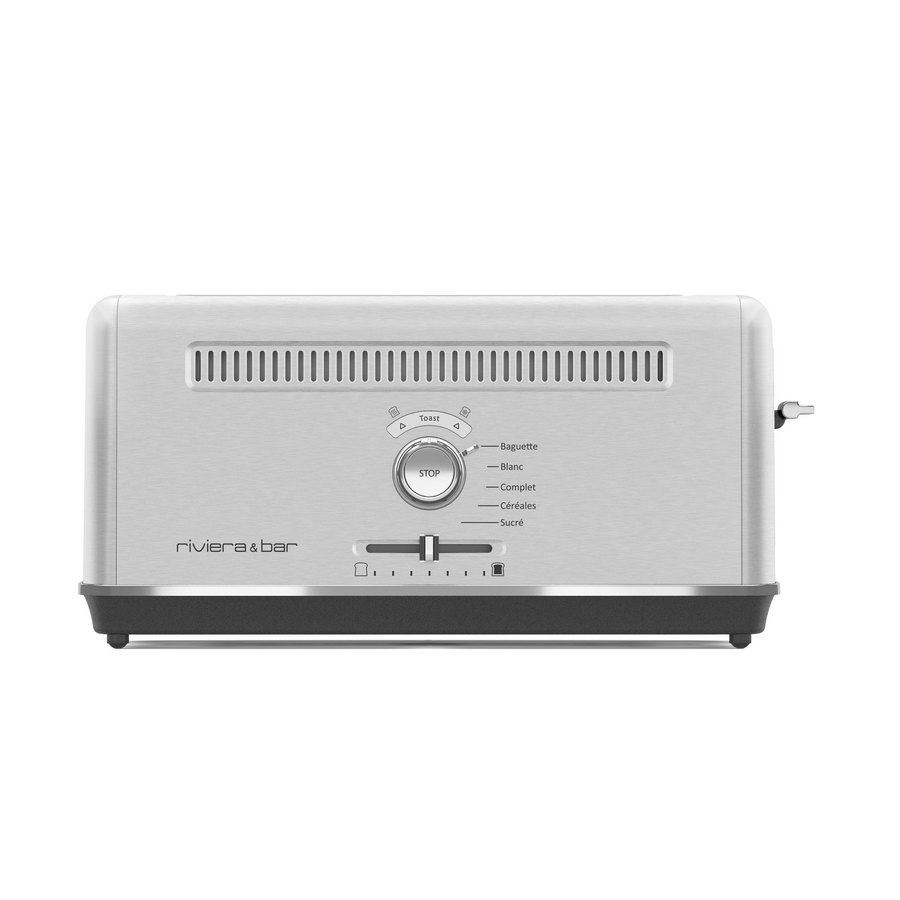 Le Grille-pain 1 fente en inox de riviera&bar est un grille-pain argenté et noir avec un cadran central pour sélectionner les types de pain - baguette, blanc, complet, céréales, sucré - et un curseur de contrôle du brunissement sur le devant.