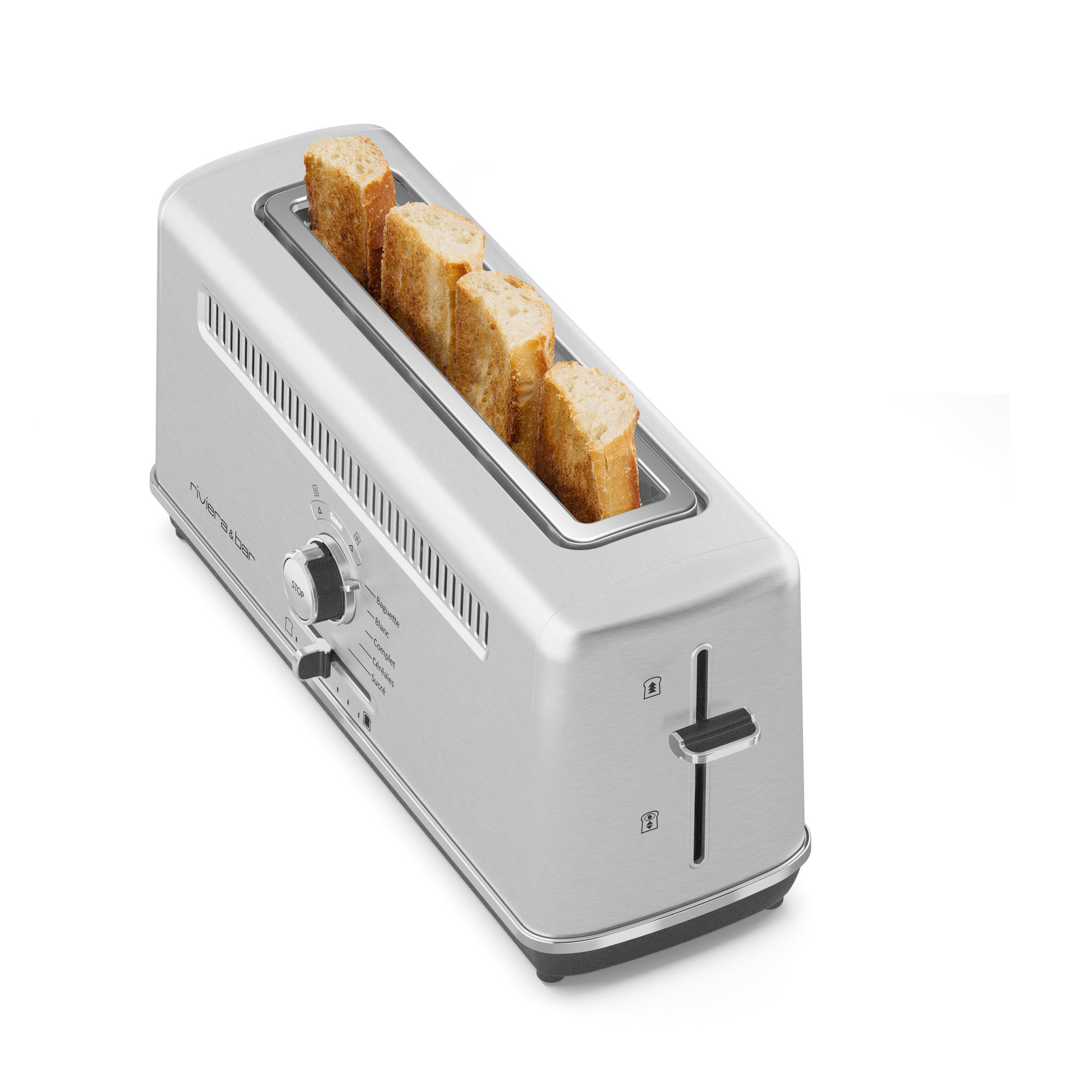 Le riviera&bar Grille-pain 1 fente en inox, représenté en train de griller des tranches de pain de campagne, comporte un cadran latéral et des boutons, et est isolé sur un fond blanc.