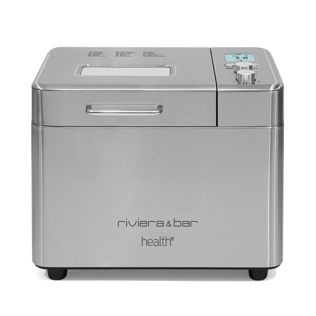 La Machine à Pain Inox QMP 440 de riviera&bar est une machine à pain moderne et compacte en acier inoxydable avec un écran digital, un bouton de contrôle à droite, une fenêtre de couvercle, et des programmes automatiques pratiques pour un pain maison facile.