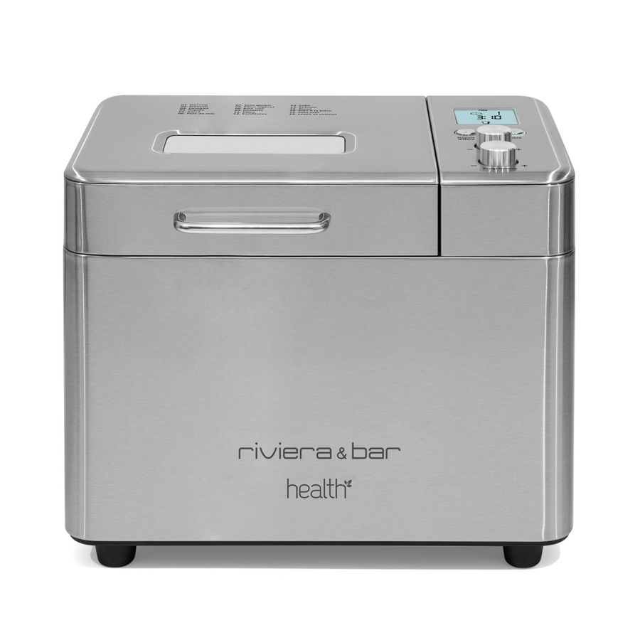 La Machine à Pain Inox QMP 440 de riviera&bar est une machine à pain moderne et compacte en acier inoxydable avec un écran digital, un bouton de contrôle à droite, une fenêtre de couvercle, et des programmes automatiques pratiques pour un pain maison facile.
