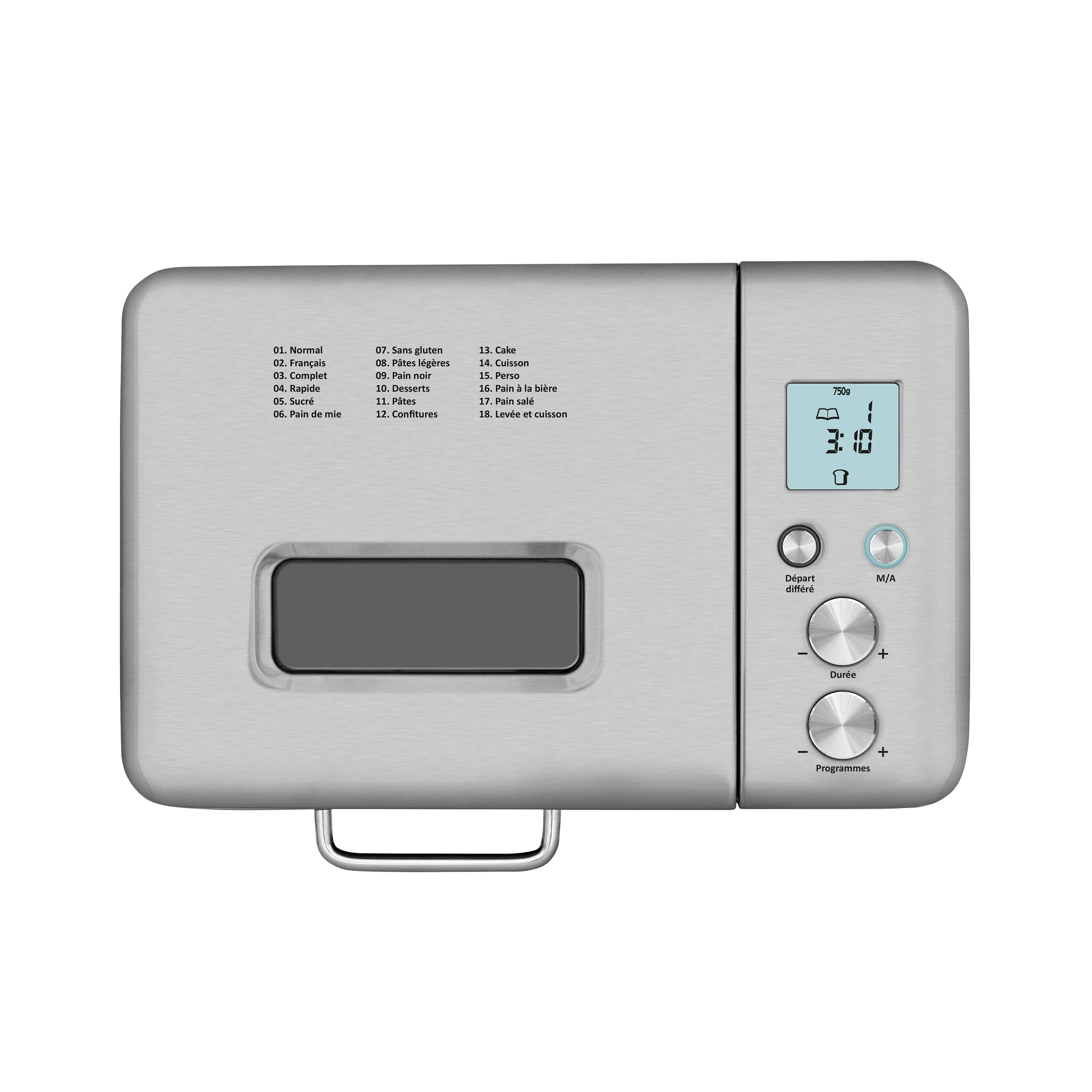 Vue du dessus de la riviera&bar Machine à Pain Inox QMP 440 : une machine à pain argentée avec un écran digital, des programmes automatiques, des boutons et molettes à droite, ainsi qu'une fenêtre de visualisation rectangulaire pour une préparation facile du pain maison.