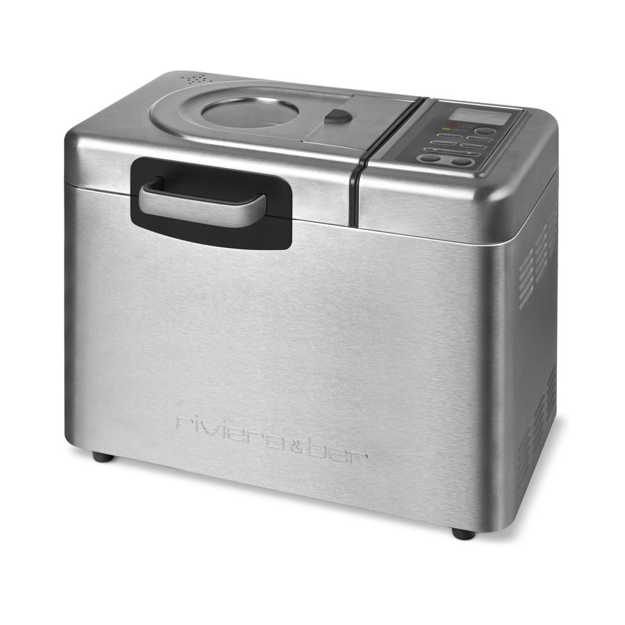 La riviera&bar Machine à pain inox Sans gluten & Co - QMP 660 est une machine à pain en acier inoxydable avec un panneau de contrôle digital et une fenêtre de visualisation, idéale pour faire du pain sans gluten. Le nom de la marque est embossé sur la face avant.