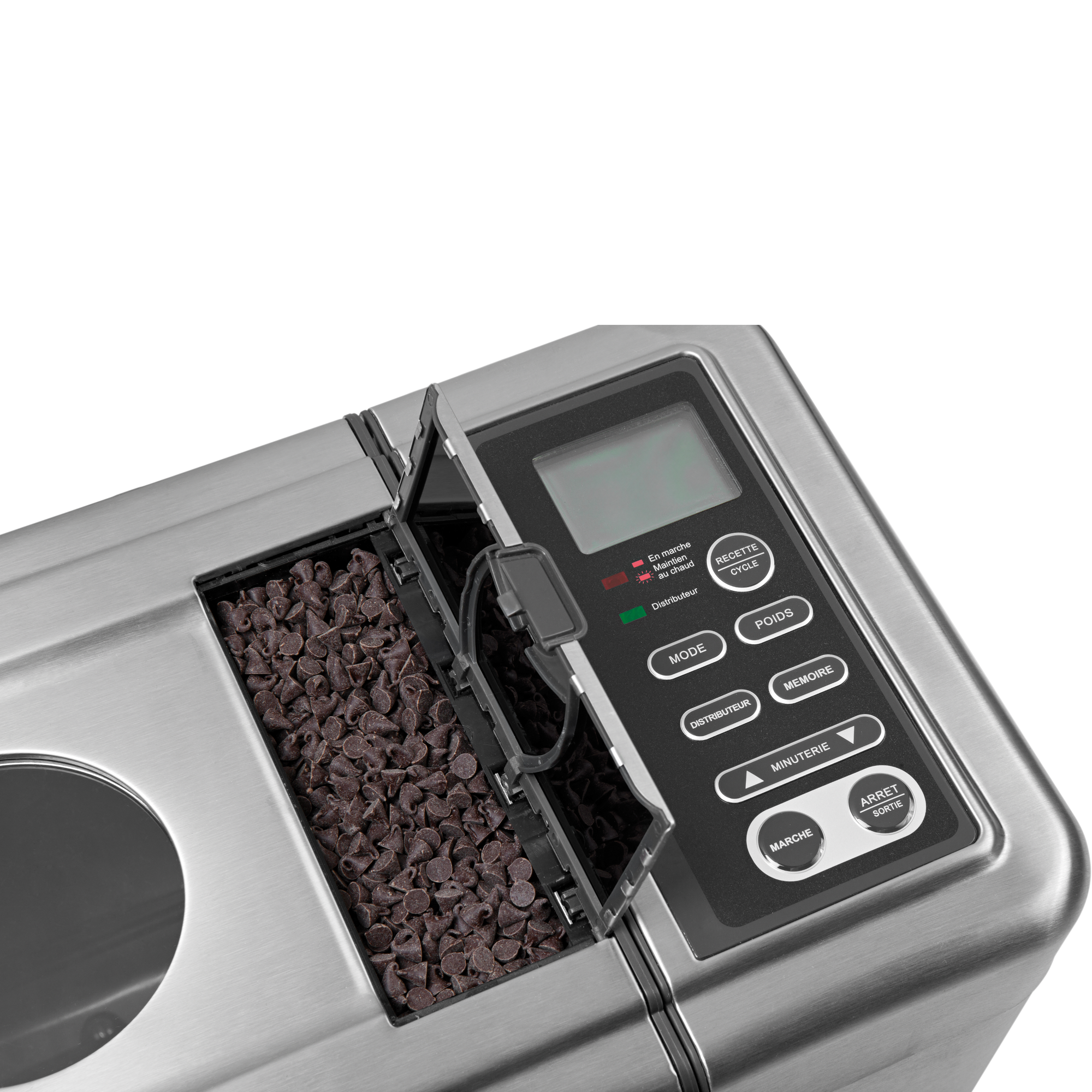 Gros plan sur la riviera&bar Machine à pain inox Sans gluten & Co - QMP 660, couvercle ouvert pour révéler un compartiment à pépites de chocolat à côté du panneau de contrôle digital et des boutons.