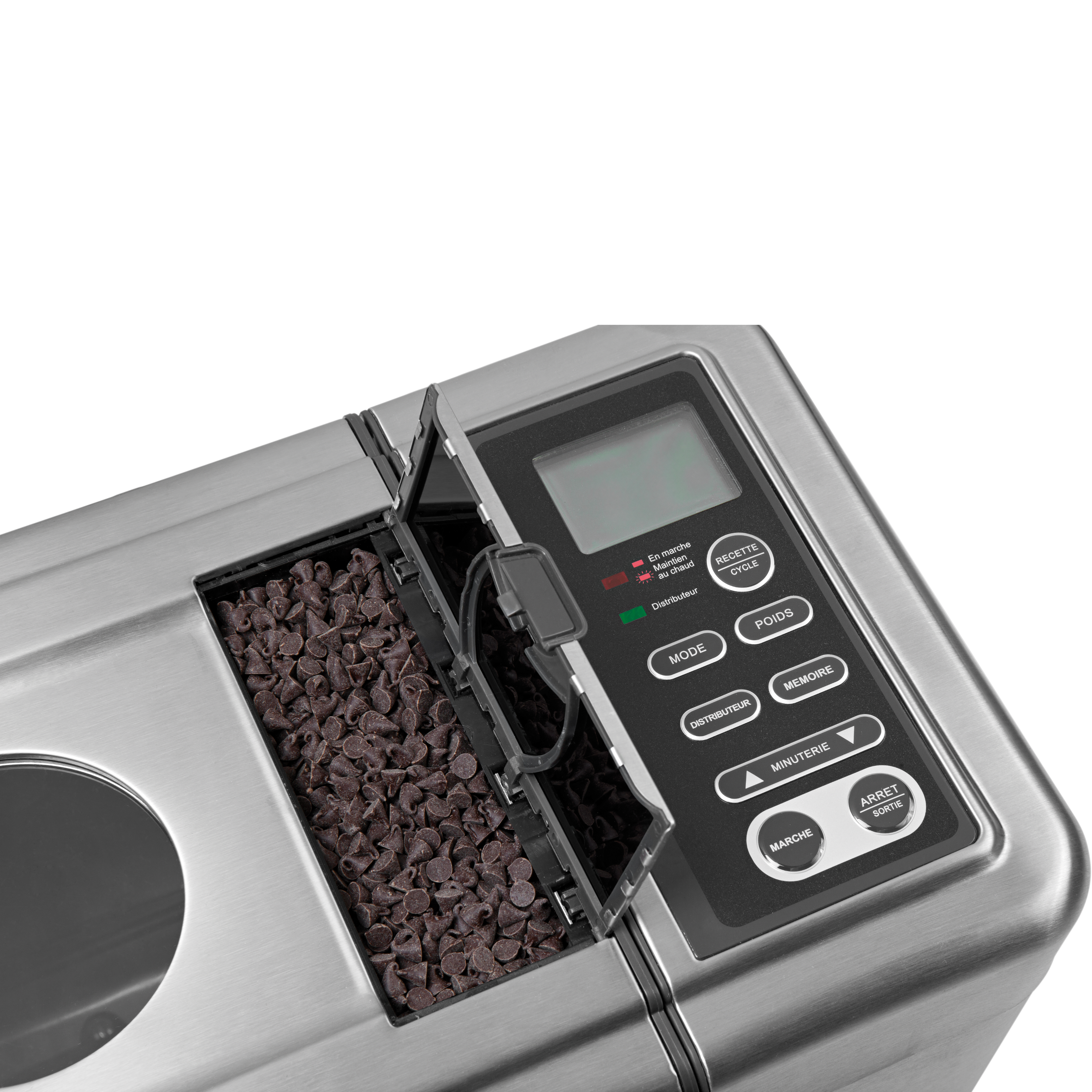 Gros plan sur la riviera&bar Machine à pain inox Sans gluten & Co - QMP 660, couvercle ouvert pour révéler un compartiment à pépites de chocolat à côté du panneau de contrôle digital et des boutons.