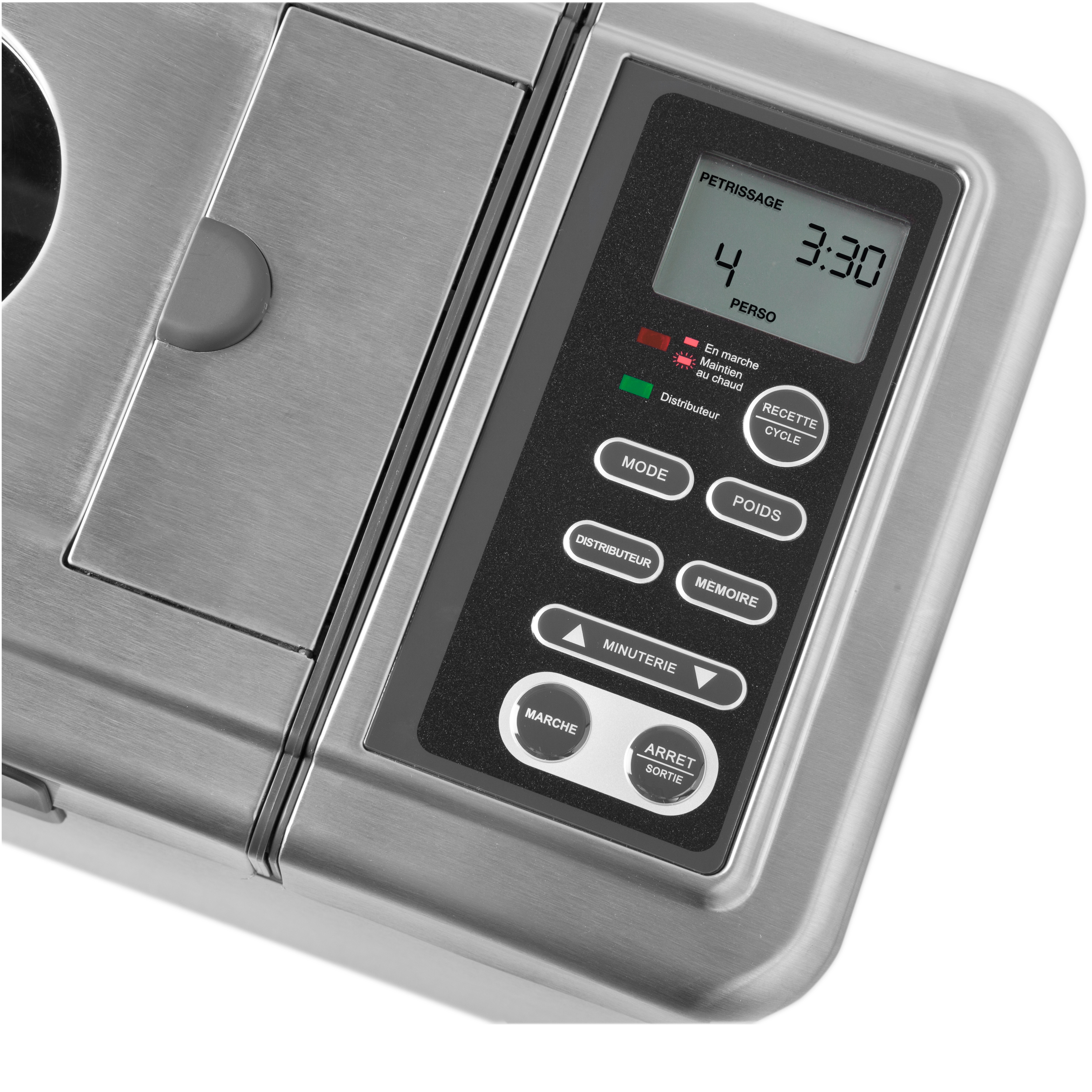 Gros plan sur le panneau de commande numérique d'une riviera&bar Machine à pain inox Sans gluten & Co - QMP 660, affichant PETRISSAGE 4 3:30, avec les boutons français : mode, poids, mémoire, minuterie, démarrer, et arrêt.