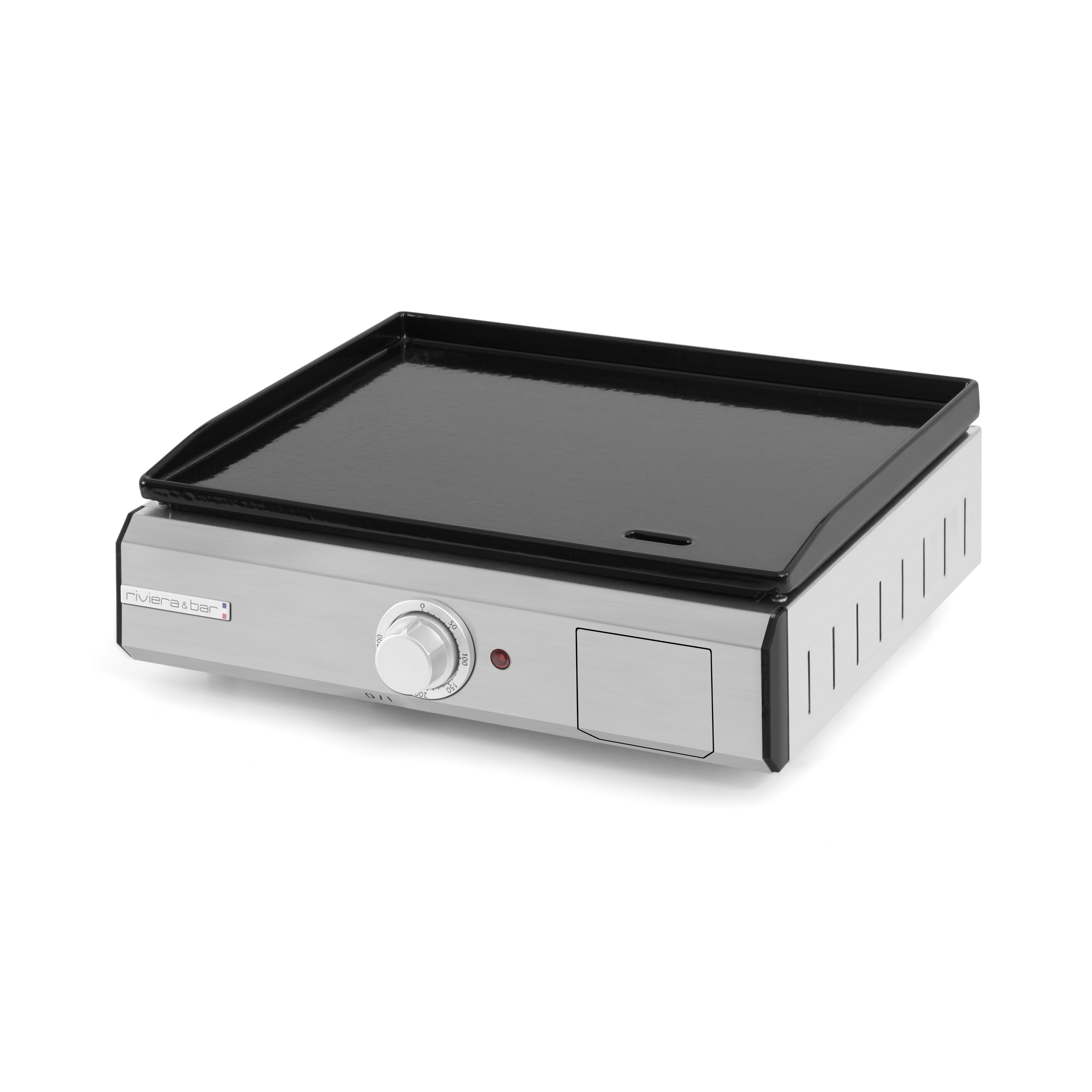 La Plancha riviera&bar fonte émaillée électrique est dotée d'un corps en acier inoxydable, d'un bouton de commande unique, d'un voyant lumineux rouge et d'une surface de cuisson noire plate - idéale pour les petites cuisines ou l'extérieur, garantissant une cuisson précise à chaque fois.