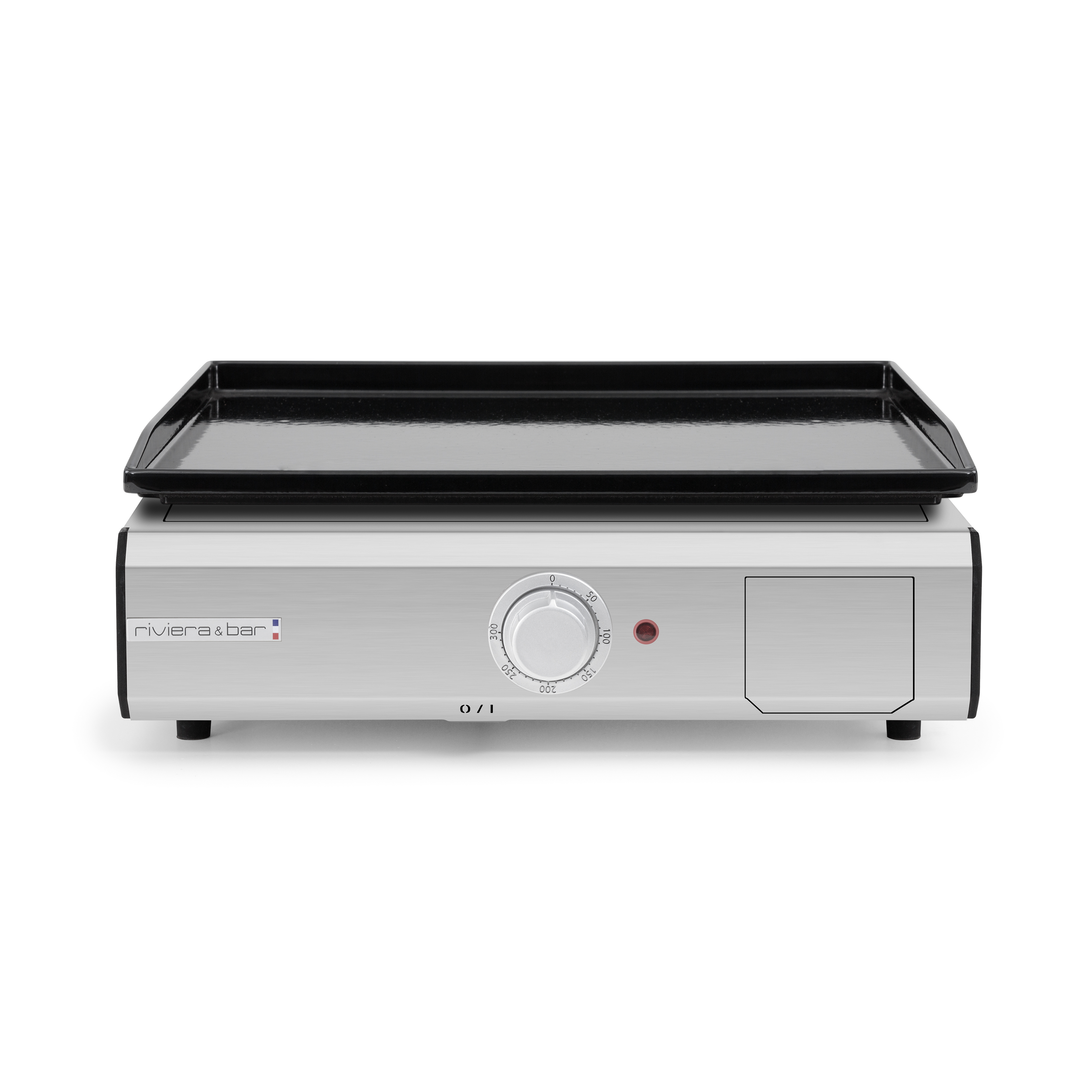 La Plancha riviera&bar fonte émaillée électrique dispose d'une surface de cuisson plate en fonte émaillée noire, d'un contrôle central de la température pour une cuisson précise, et d'un voyant lumineux en façade ; la marque apparaît à gauche.