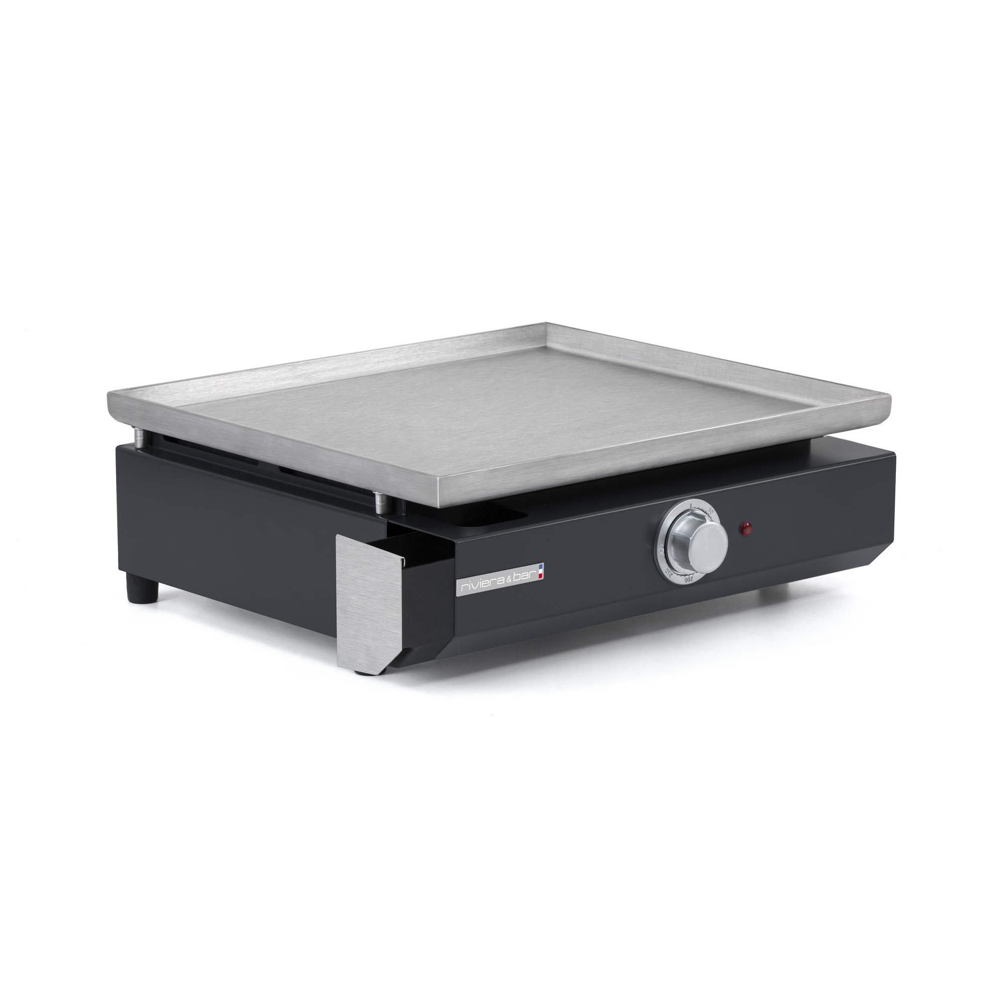 La Plancha professionnelle électrique riviera&bar dispose d'une surface de cuisson plate en acier inoxydable, d'un bouton de contrôle et d'un voyant lumineux sur une base noire avec des accents argentés pour une cuisson précise.