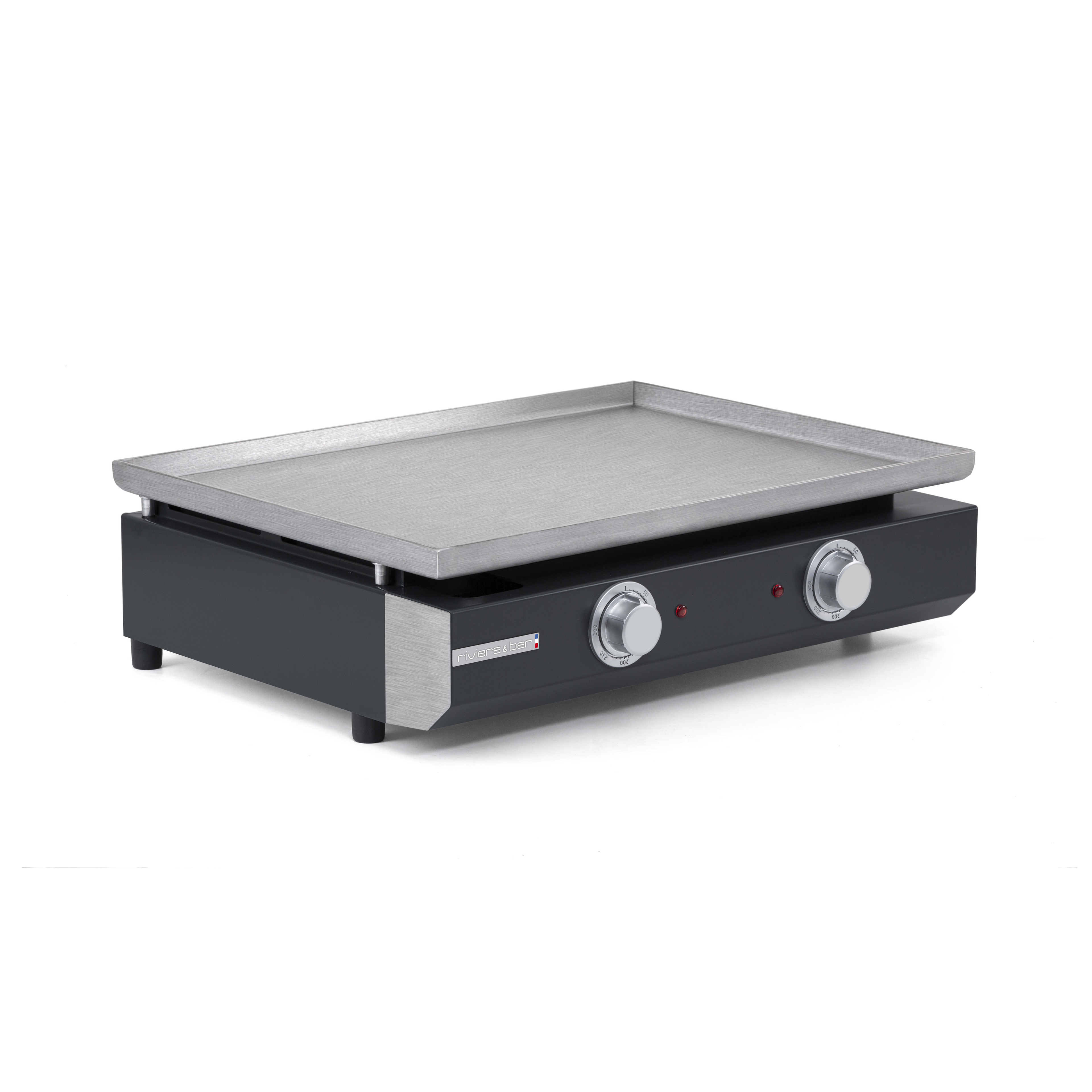 La Plancha électrique longue de riviera&bar est une plancha électrique en acier inoxydable fabriquée en France, avec 2 zones, deux boutons de commande, des voyants lumineux en façade, une surface de cuisson plane et des pieds robustes.