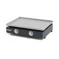 La Plancha électrique longue riviera&bar est une plancha de table en acier inoxydable avec deux boutons de contrôle et des voyants lumineux sur une base noire, idéale pour la cuisine d'intérieur et d'extérieur.