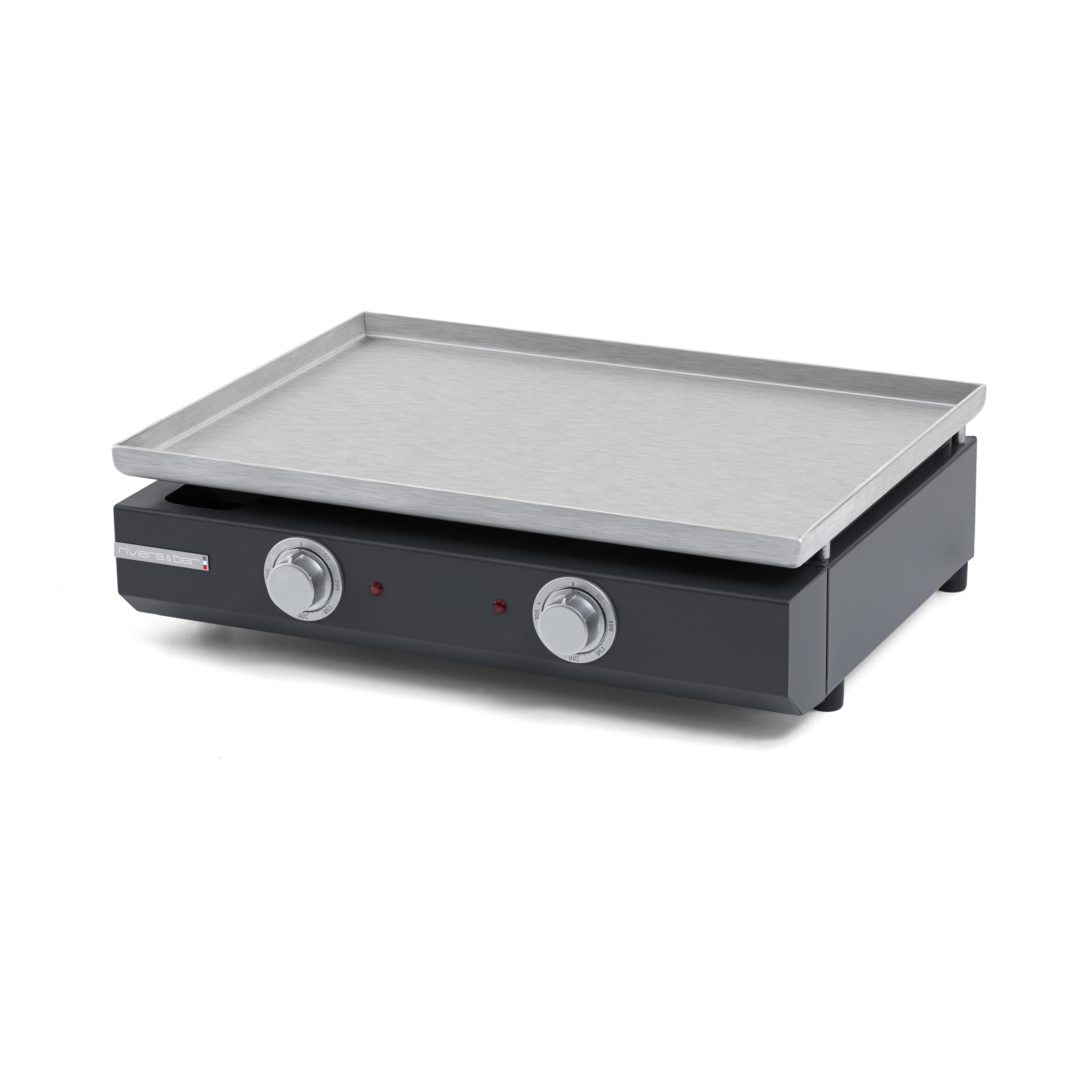 La Plancha électrique longue riviera&bar est une plancha de table en acier inoxydable avec deux boutons de contrôle et des voyants lumineux sur une base noire, idéale pour la cuisine d'intérieur et d'extérieur.
