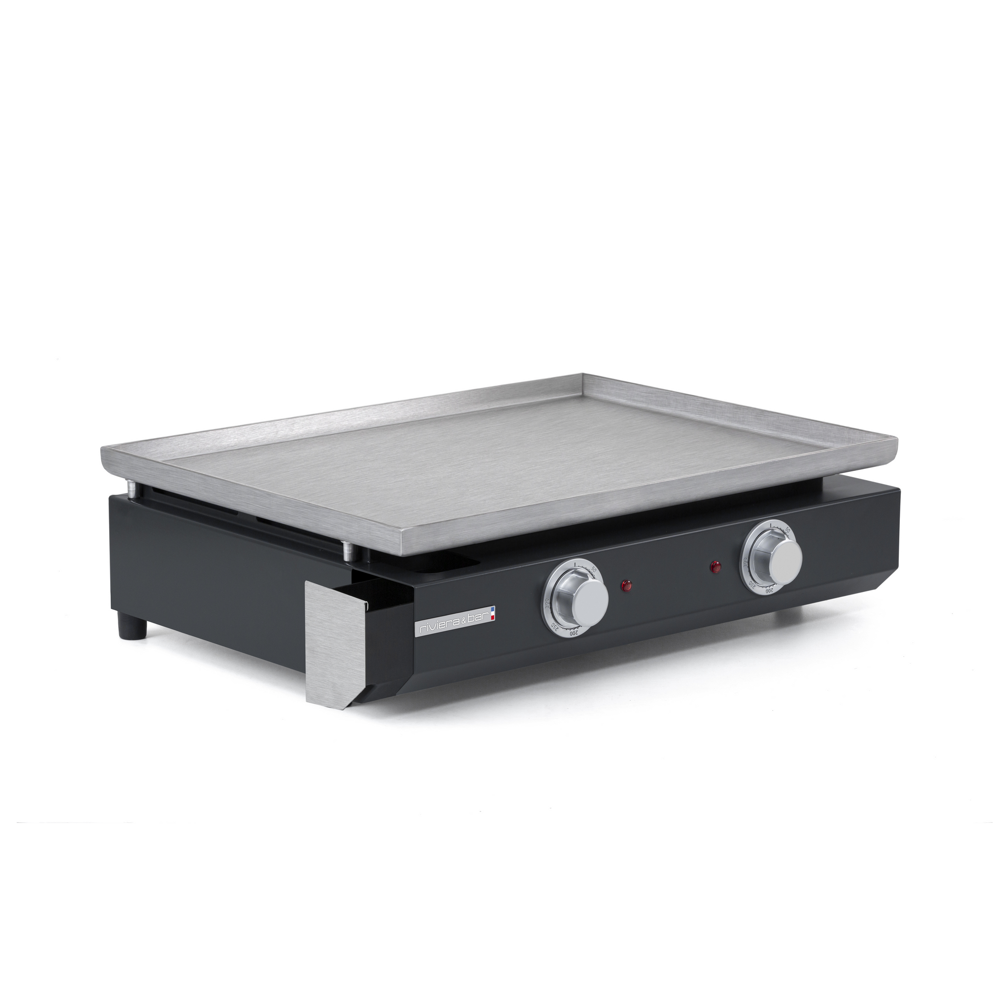 La Plancha électrique longue riviera&bar comprend une surface de cuisson plane en acier inoxydable, deux boutons de commande, des voyants lumineux et un bac à graisse frontal, le tout sur fond blanc.