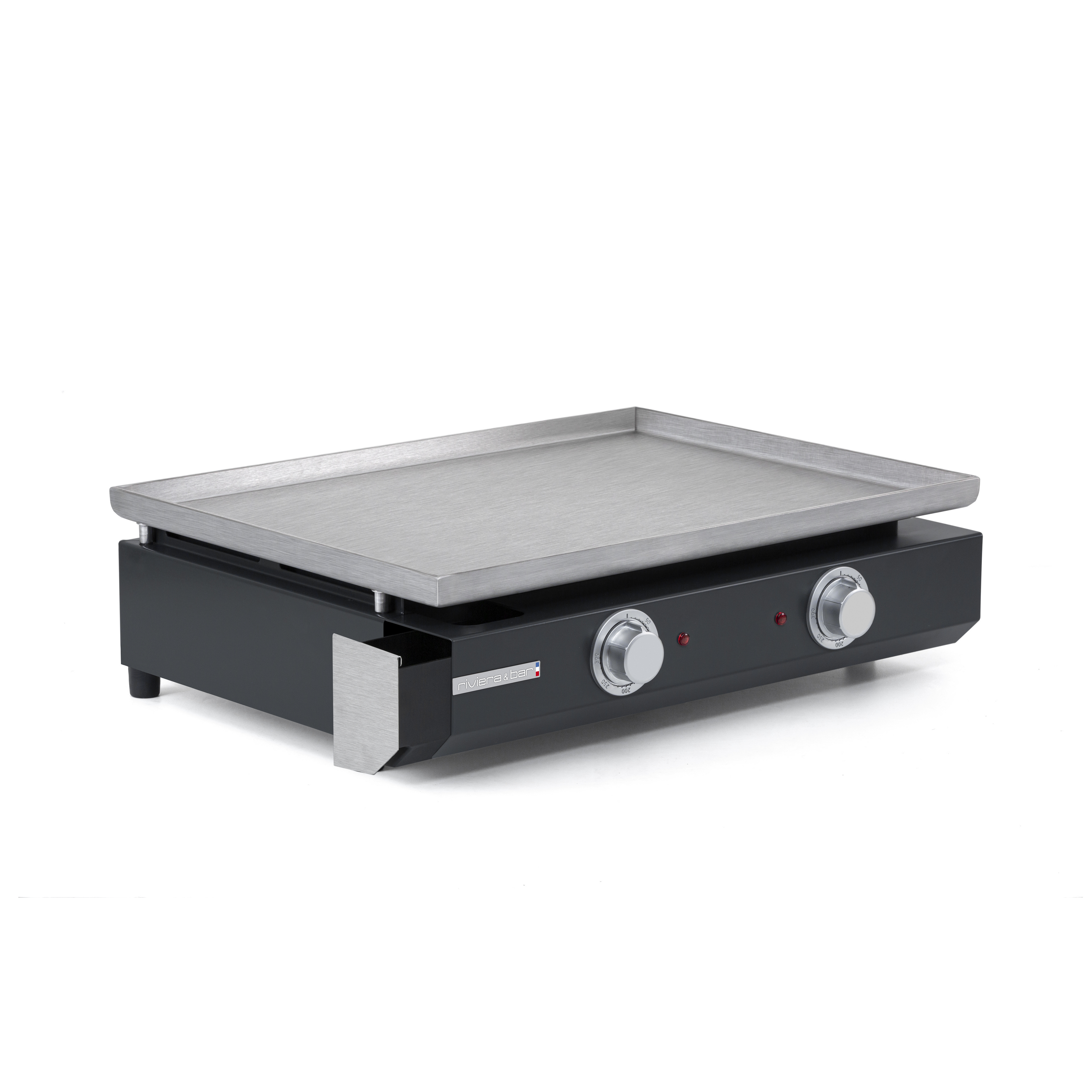 La Plancha électrique longue riviera&bar comprend une surface de cuisson plane en acier inoxydable, deux boutons de commande, des voyants lumineux et un bac à graisse frontal, le tout sur fond blanc.