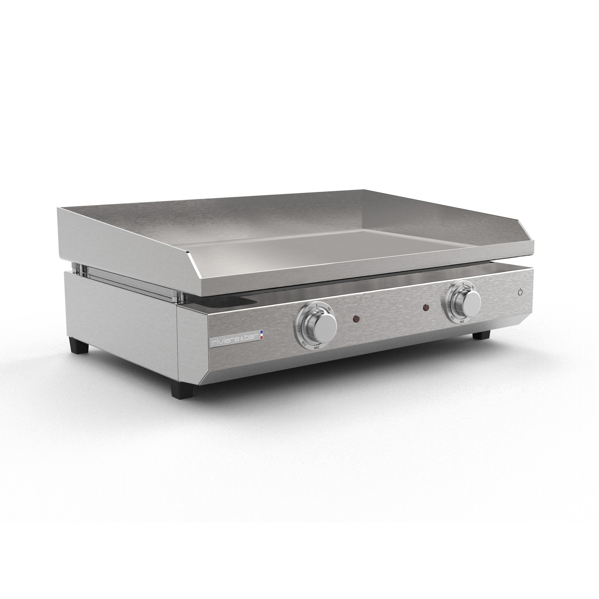 La Grande plancha électrique de riviera&bar est une plancha de comptoir en acier inoxydable avec deux boutons de commande, une surface de cuisson plate et des bords surélevés, idéale pour les cuisines commerciales ou domestiques.