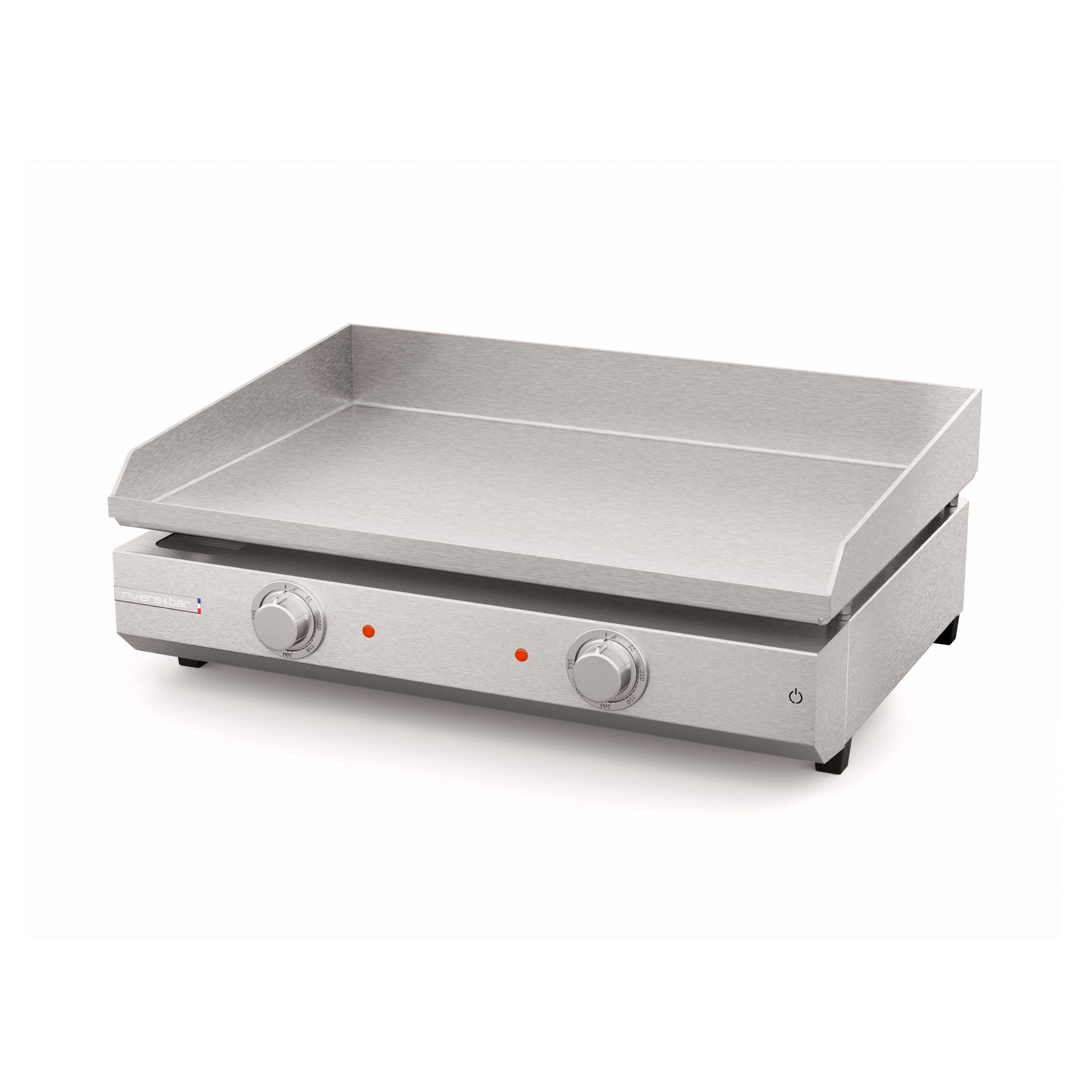 Une riviera&bar Grande plancha électrique avec deux boutons de commande, des voyants lumineux, une surface de cuisson plane en inox 304 et des bords relevés est présentée sur un fond blanc.