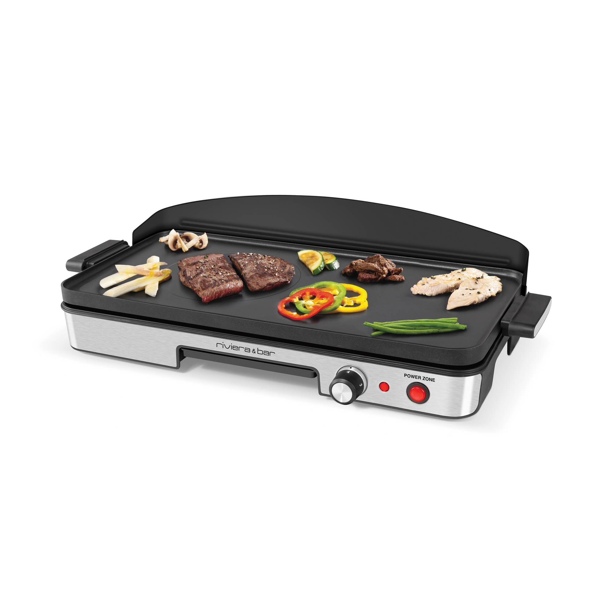 La Plancha Power zone de riviera&bar est une plancha électrique en acier inoxydable avec un couvercle noir et une surface en fonte d'aluminium - idéale pour griller steak, poulet, champignons, poivrons, oignons verts et courgettes ; parfaite comme plancha pour 2 personnes.