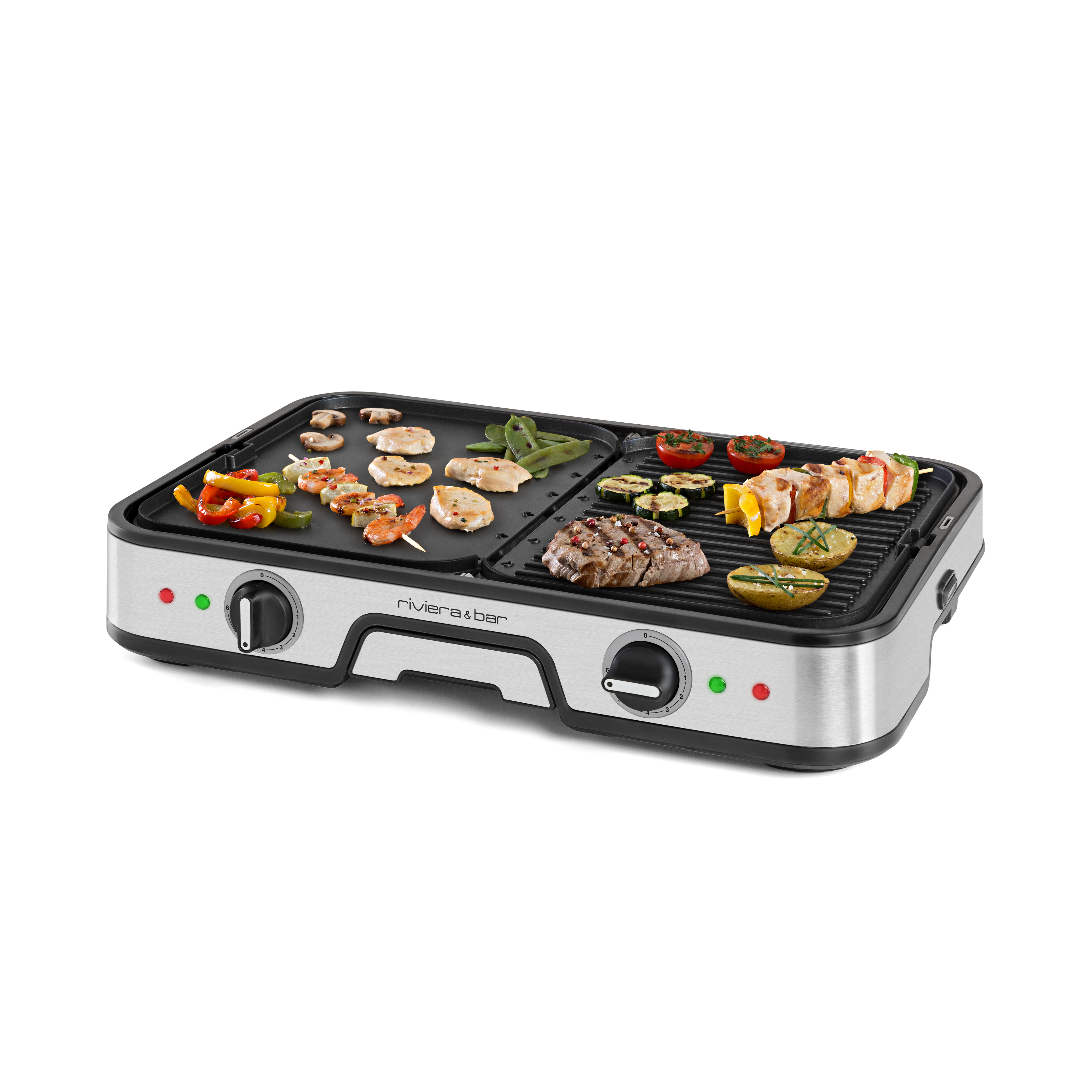 Le plancha-gril riviera&bar Combiné dispose de deux surfaces de cuisson distinctes - l'une plate, l'autre striée - en fonte d'aluminium avec une finition en acier inoxydable, ainsi que de boutons de commande et de voyants lumineux à l'avant pour griller avec précision les légumes, le poulet, les brochettes et le steak.