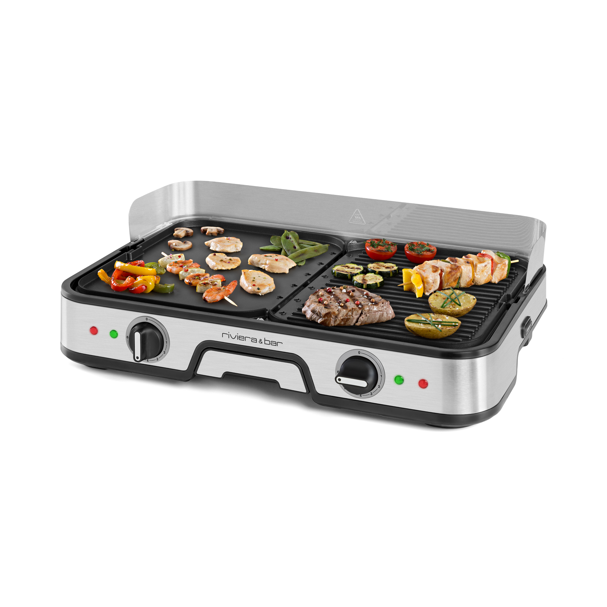 Le plancha-gril riviera&bar Combiné est doté de plaques réversibles en acier inoxydable (plates et striées) en fonte d'aluminium pour des grillades polyvalentes. Les boutons de commande frontaux et les voyants lumineux assurent une cuisson précise.