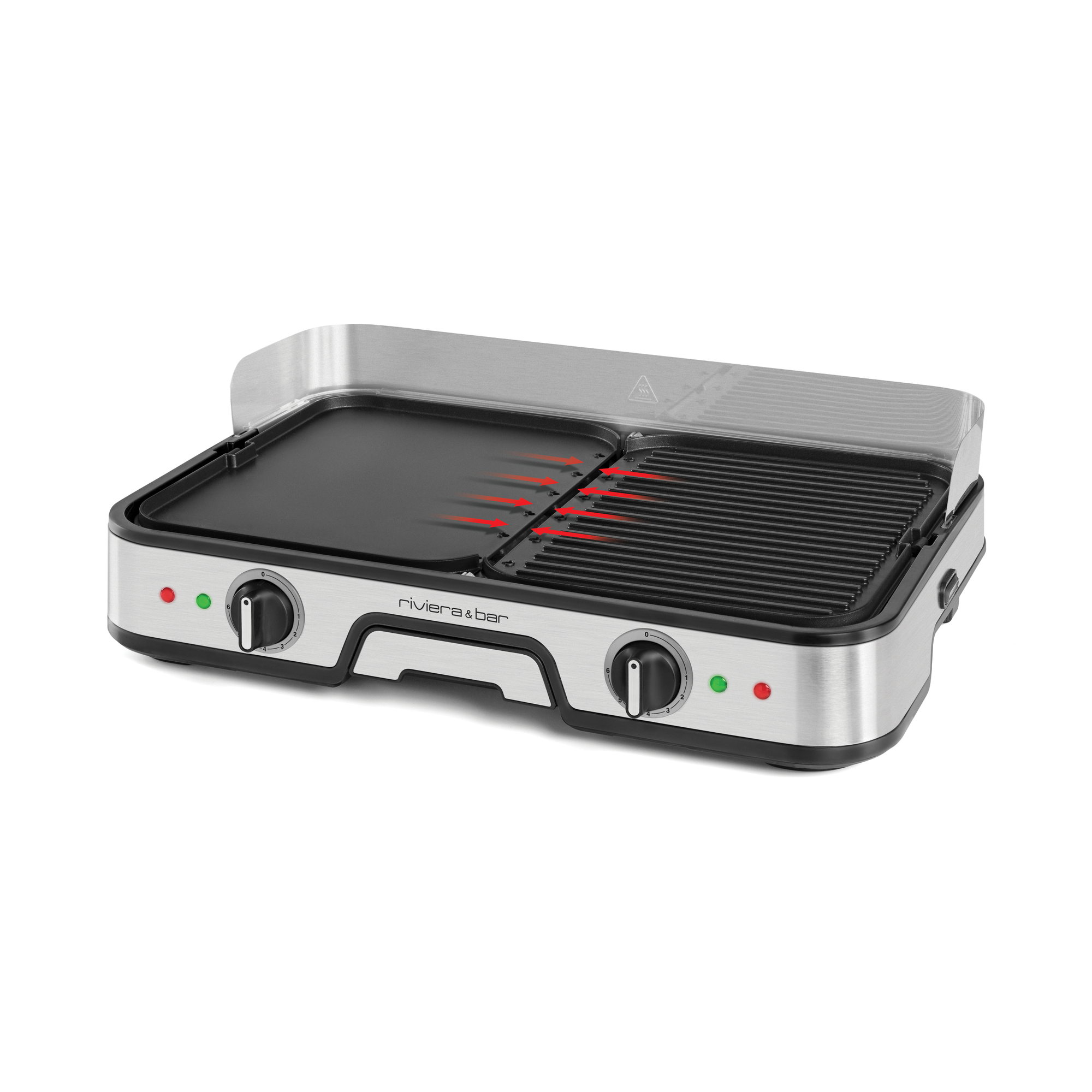Le riviera&bar Combiné plancha-gril est un gril électrique en acier inoxydable avec deux boutons de commande, des voyants lumineux et une surface en aluminium : plancha plate à gauche, gril strié à droite, plus une protection de dosseret surélevée.