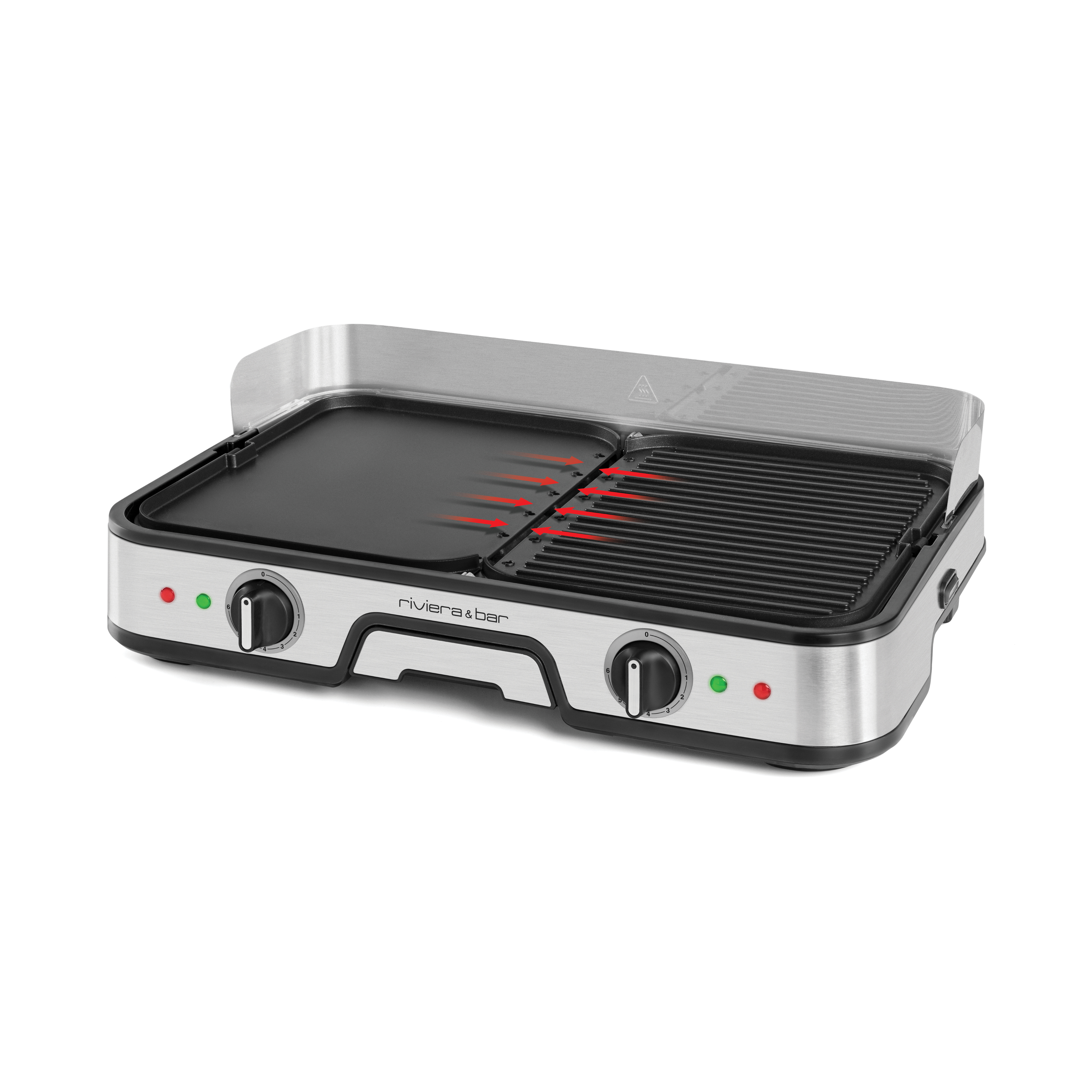 Le riviera&bar Combiné plancha-gril est un gril électrique en acier inoxydable avec deux boutons de commande, des voyants lumineux et une surface en aluminium : plancha plate à gauche, gril strié à droite, plus une protection de dosseret surélevée.