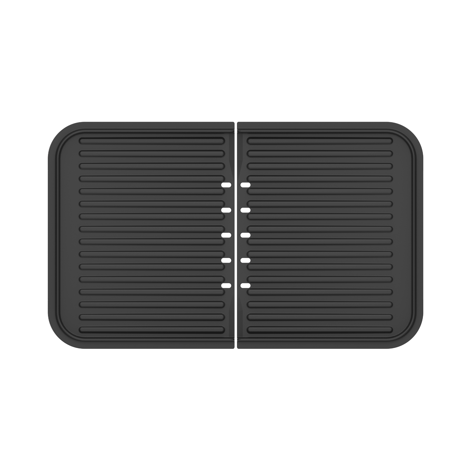 Un tapis de séchage rectangulaire en silicone noir nervuré avec un design pliable et une charnière centrale - ses coins arrondis reflètent les lignes élégantes du plancha-gril riviera&bar Combiné, parfait pour les grillades de précision. Présenté isolé sur un fond blanc.