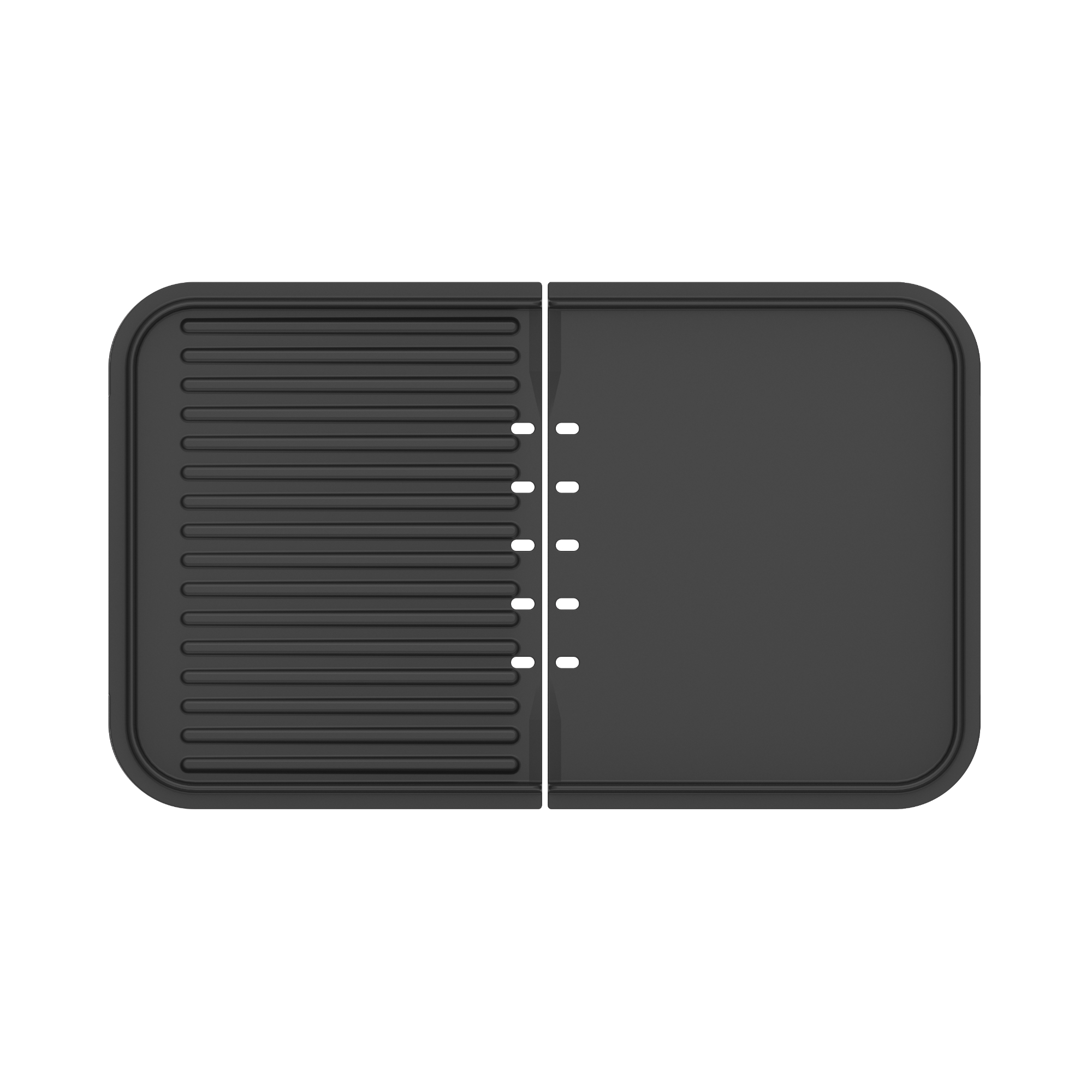 Le plancha-gril Combiné riviera&bar est doté d'un tapis de séchage rectangulaire noir avec un drainage rainuré, un côté lisse et des fentes de connexion - faisant écho au style épuré des plaques d'aluminium utilisées pour une cuisson précise sur cet appareil polyvalent.