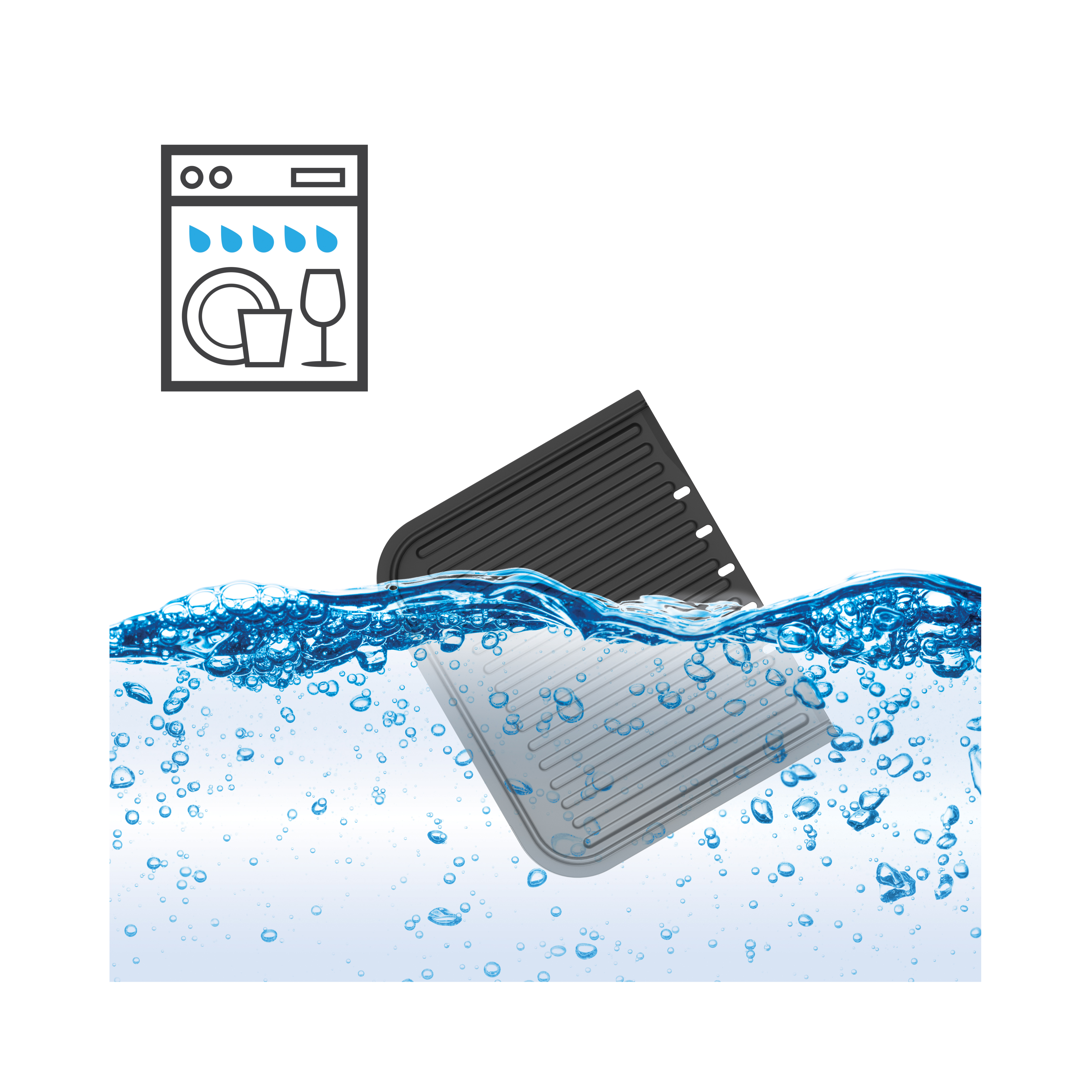 Un plancha-gril Combiné noir de riviera&bar, avec des plaques en aluminium, est présenté dans de l'eau bouillonnante. Une icône de lave-vaisselle avec de la vaisselle et un verre à vin met en évidence sa facilité de nettoyage et son aptitude à passer au lave-vaisselle.
