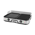 Le plancha-gril Combiné de riviera&bar est doté de plaques en aluminium moulé, de deux boutons de commande, de voyants lumineux et d'une surface de gril striée et d'une surface de gril lisse pour une cuisson précise.