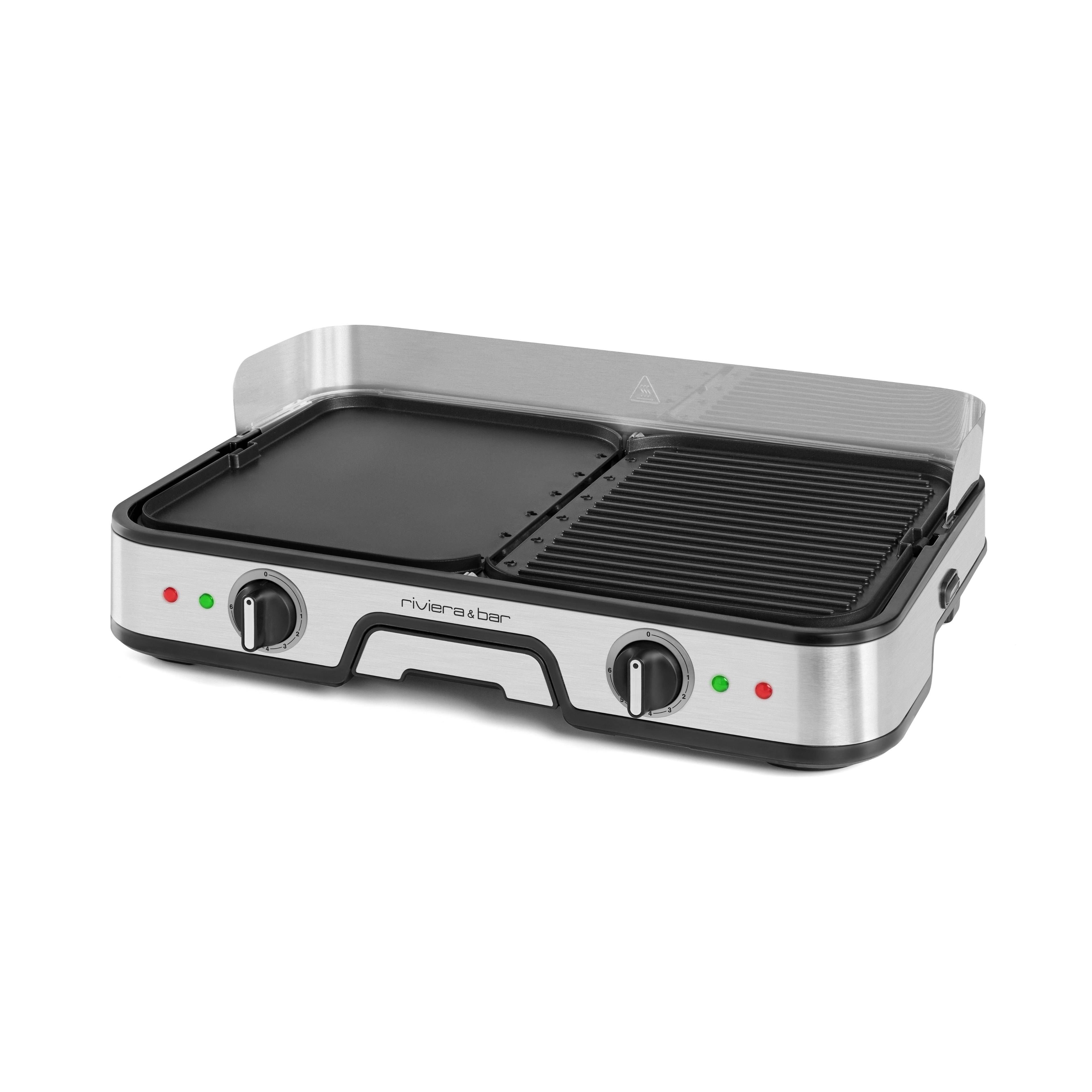 Le plancha-gril Combiné de riviera&bar est doté de plaques en aluminium moulé, de deux boutons de commande, de voyants lumineux et d'une surface de gril striée et d'une surface de gril lisse pour une cuisson précise.