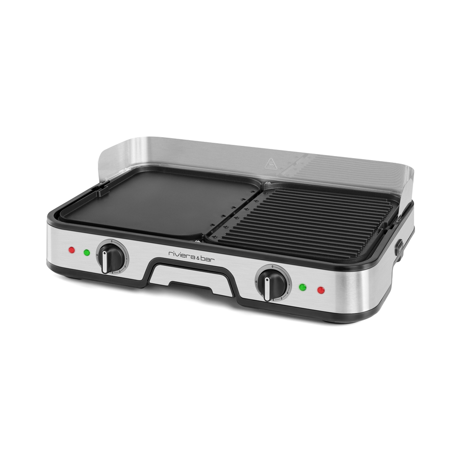 Le plancha-gril Combiné de riviera&bar est doté de plaques en aluminium moulé, de deux boutons de commande, de voyants lumineux et d'une surface de gril striée et d'une surface de gril lisse pour une cuisson précise.