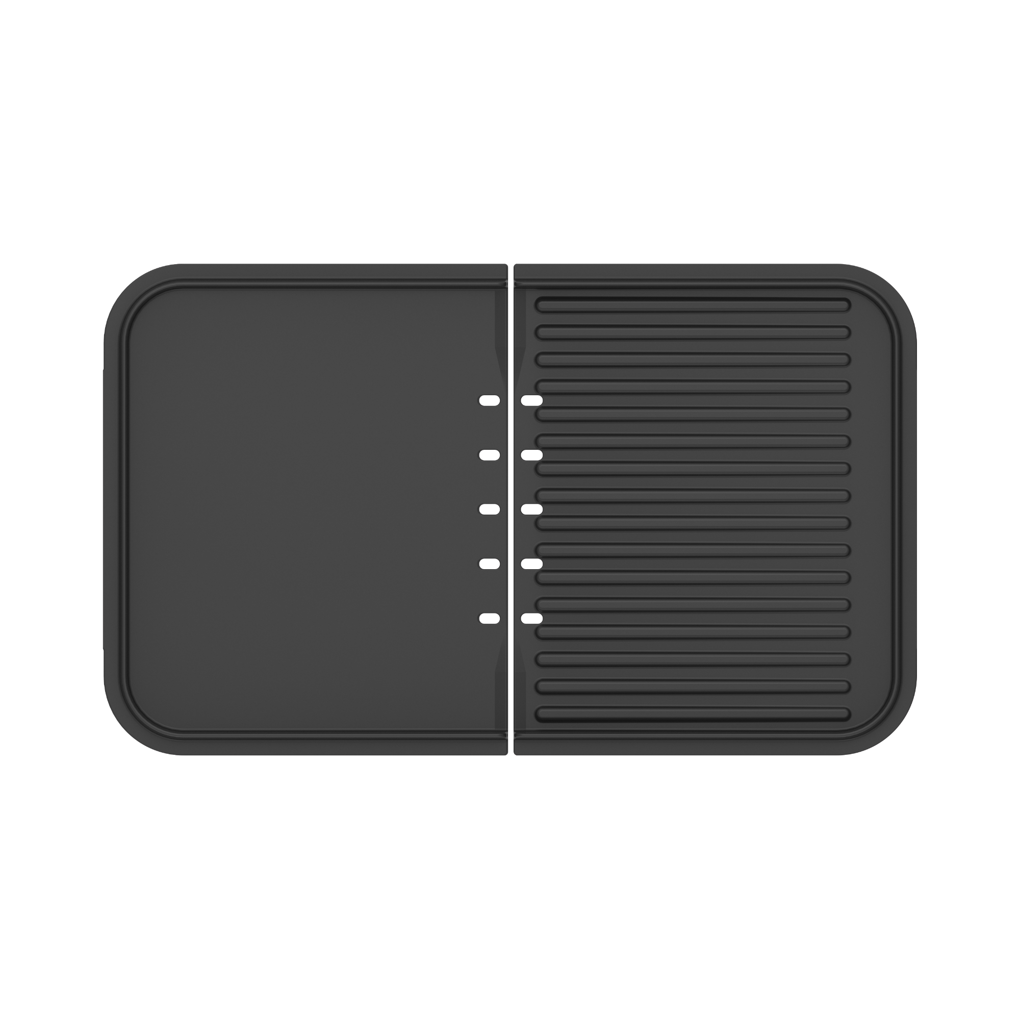 Le plancha-gril Combiné riviera&bar présente un tapis rectangulaire en silicone noir avec un côté gauche lisse et un côté drainant strié à droite pour la cuisson maîtrisée, présenté sur un fond blanc.