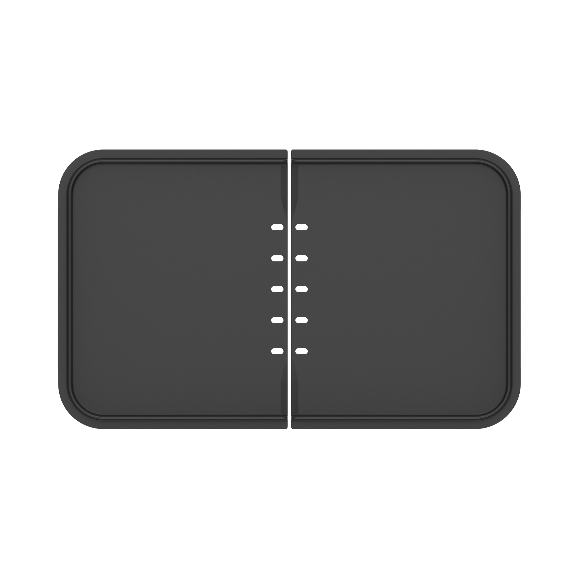Le plancha-gril riviera&bar Combiné est un gril réversible rectangulaire, gris foncé, aux coins arrondis, divisé en deux parties égales au milieu et doté de petits trous rectangulaires espacés le long de la ligne de séparation centrale.