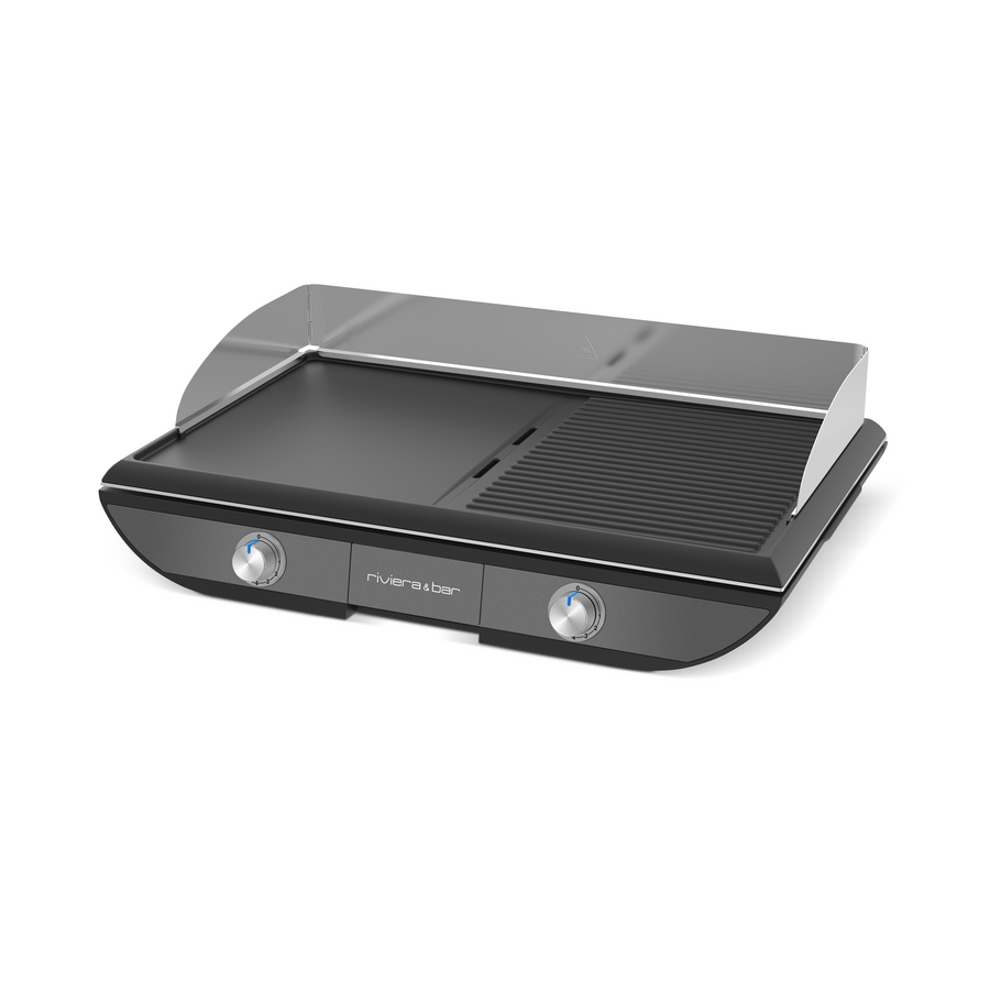 Le riviera&bar Plancha 2 zones de cuisson est un grill électrique moderne avec des zones de cuisson indépendantes, une plancha plate à gauche, une grille à droite, un écran thermique transparent à l'arrière et le logo riviera&bar à l'avant.